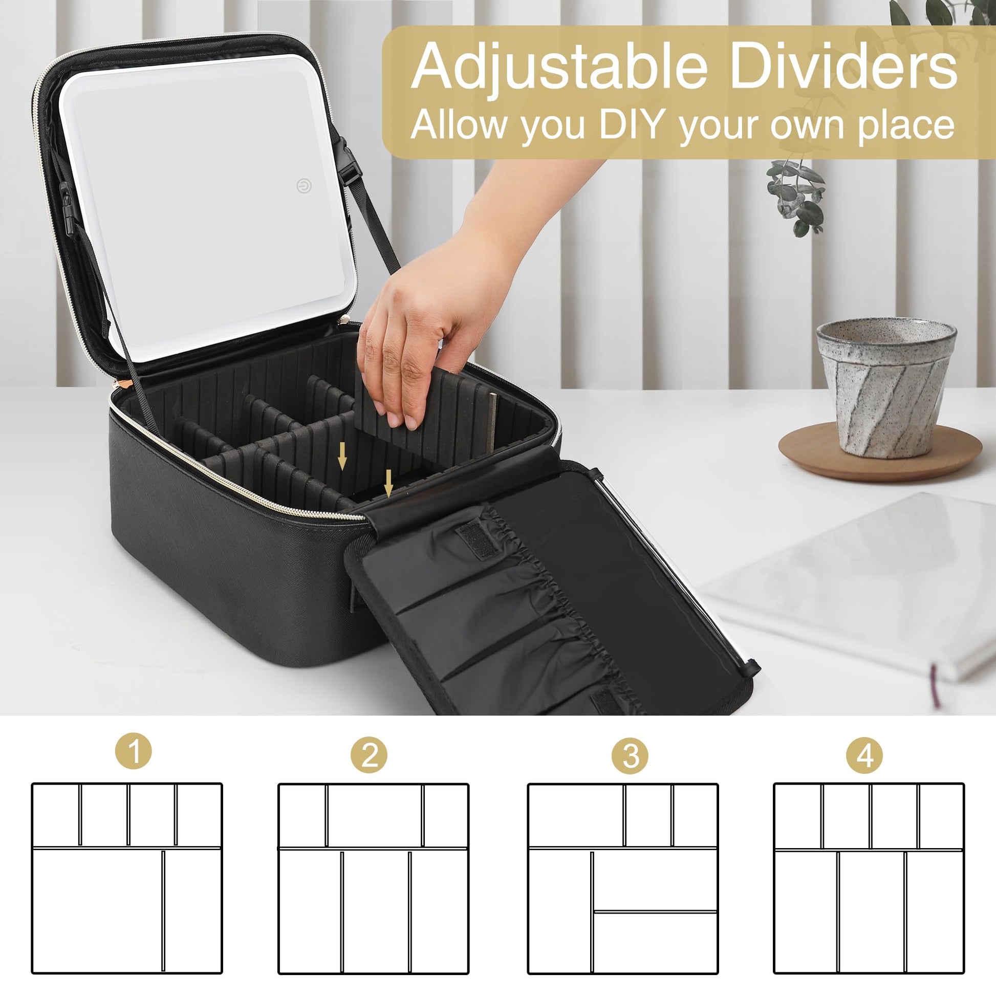 Relavel Travel Makeup Bag With LED Mirror, Cosmetic Train Case with Light up Mirror, Portable