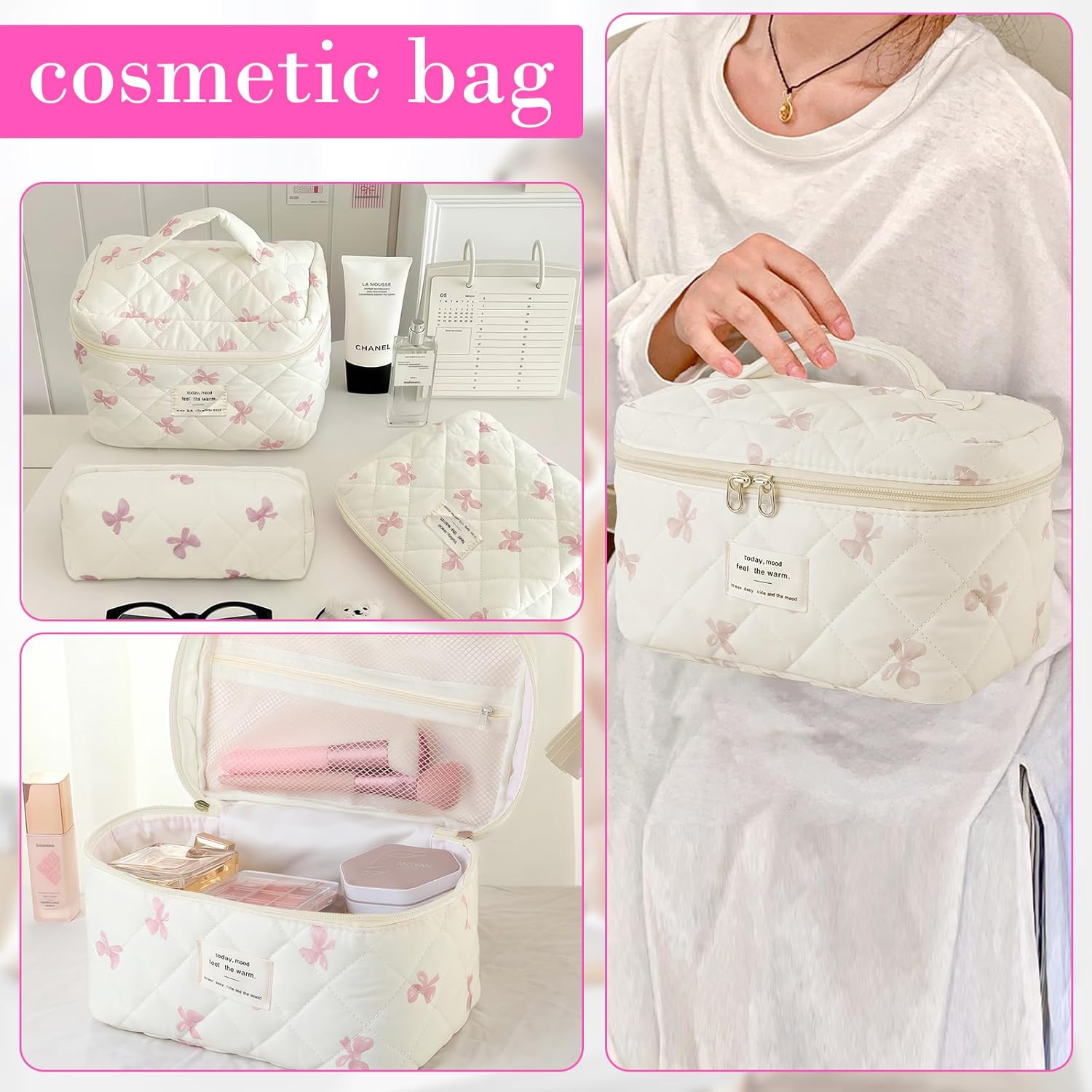 Quilted Makeup Bag, Large Capacity Travel Cosmetic Bag for Women and Girls, Aesthetic Storage for