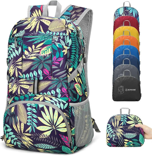 ZOMAKE Lightweight Packable Backpack 35L, Light Foldable Backpacks Water Resistant Collapsible Hiking Bag, Compact Folding Day Pack for Travel Camping(Mixed Color-Leaves)