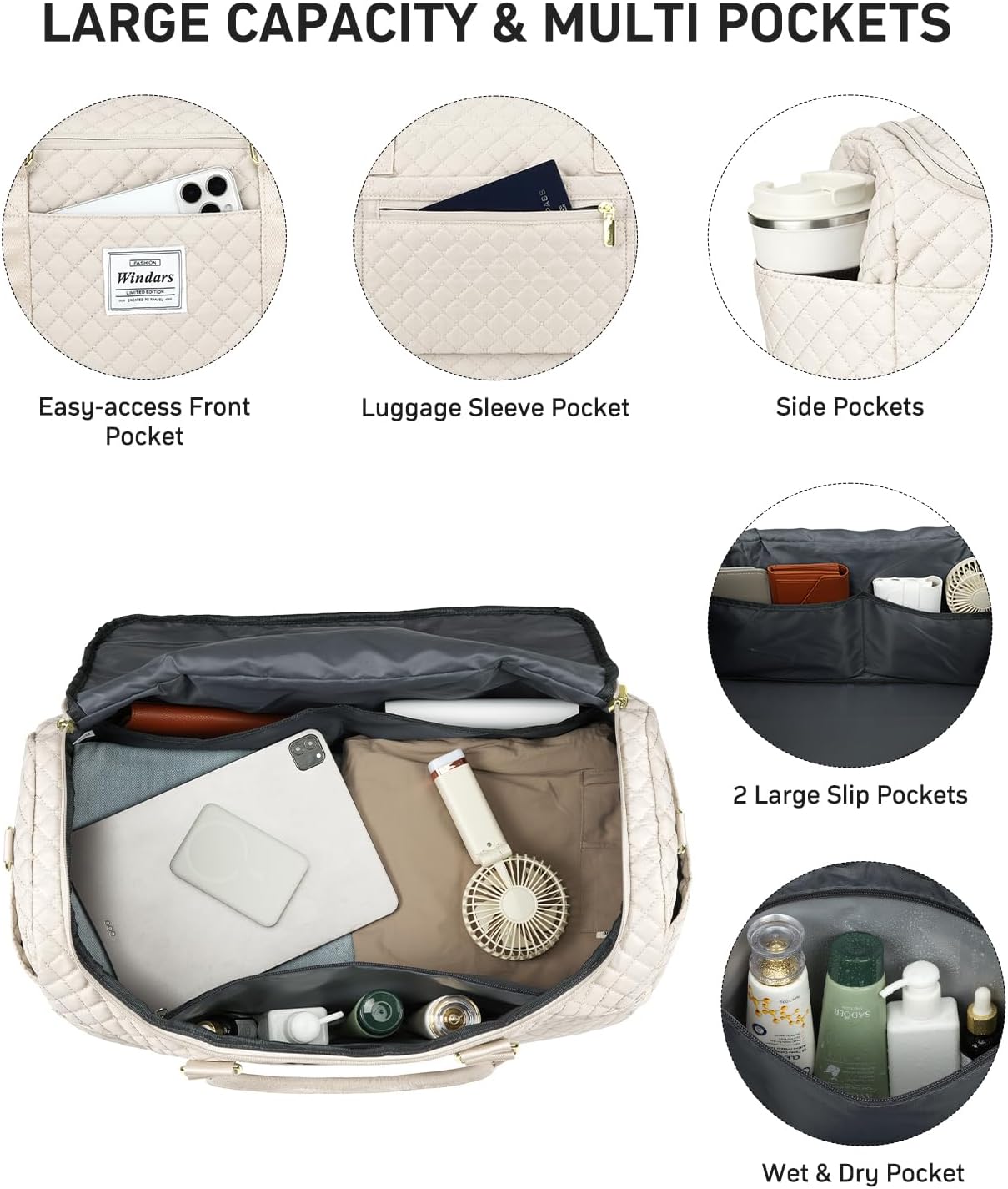 Travel Duffle Bag, Weekender Bags for Women with Shoe Compartment, Overnight Bag with Toiletry Bag, Carry On Duffel Bags For Airplanes, Yoga Gym Duffel Bag, Beige