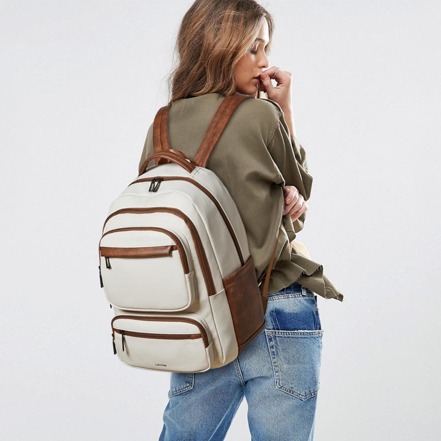 43L Backpack Purse For Women Leather Shoulder Diaper Bookbag Tote 17 16 15.6 Inch Laptop Bag Handbags For Travel Work College Large Beige