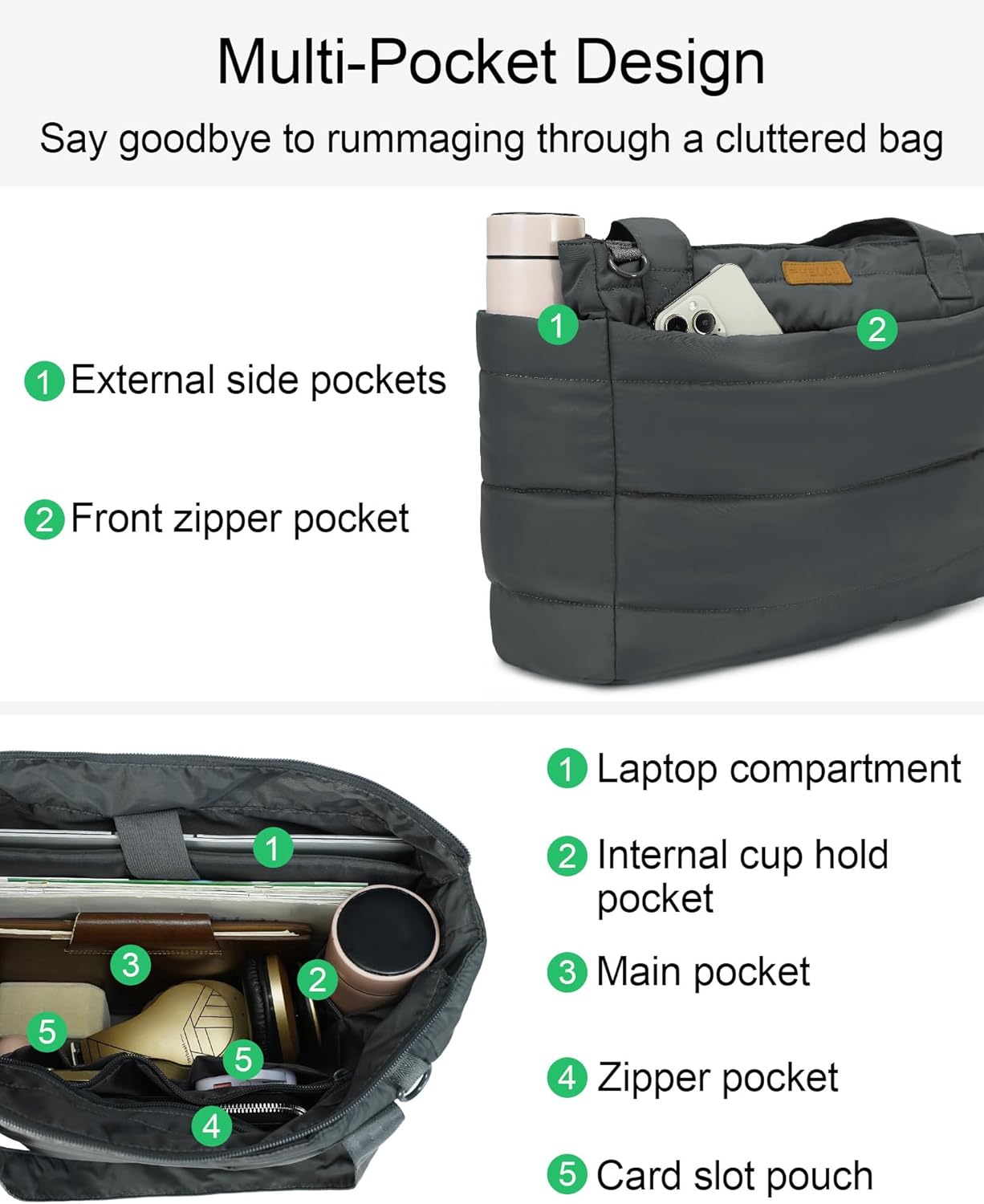 Tote Bag for Women, Quilted Puffer Work Bag for Nurse with 16" Laptop Pocket, Puffy Travel Shoulder Bag for School Gym