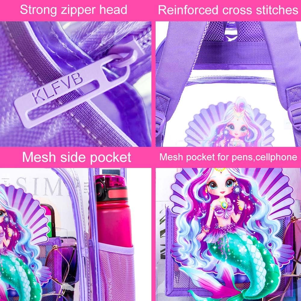 Clear Backpack for Girls and Boys, Kids Transparent Bookbag, 3PCS Cute See Through School Bag for Elementary Prechool