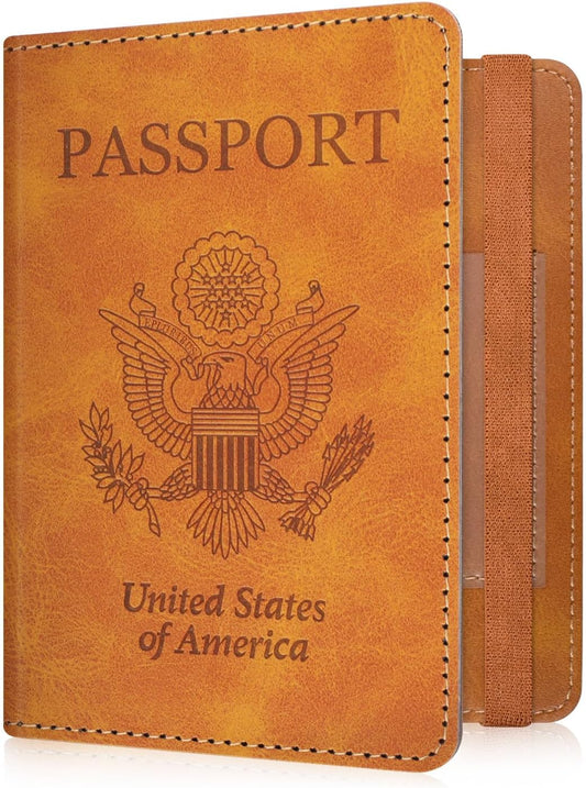 RSAquar Passport Holder for Women and Men, Premium PU Leather Travel Passport Wallet RFID Blocking Passport Cover Travel Documents Organizer with Pen Holder, Brown#2