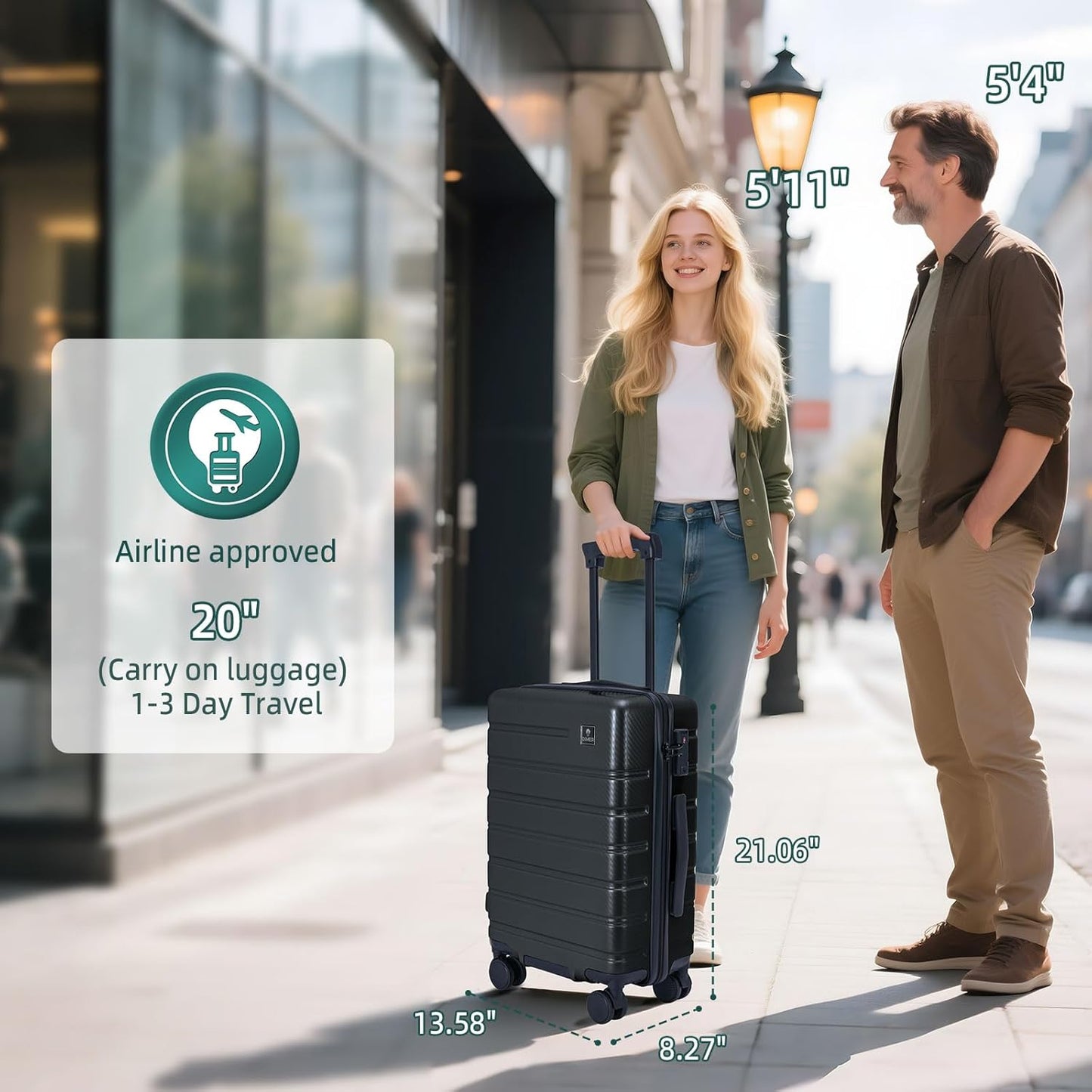 Carry on Luggage, PC Hard Shell Suitcase 22x14x9 Airline Approved TSA Lock YKK Zippered Double Spinner Wheels Lightweight Travel for Men and Women, 20 Inch Dark Gray