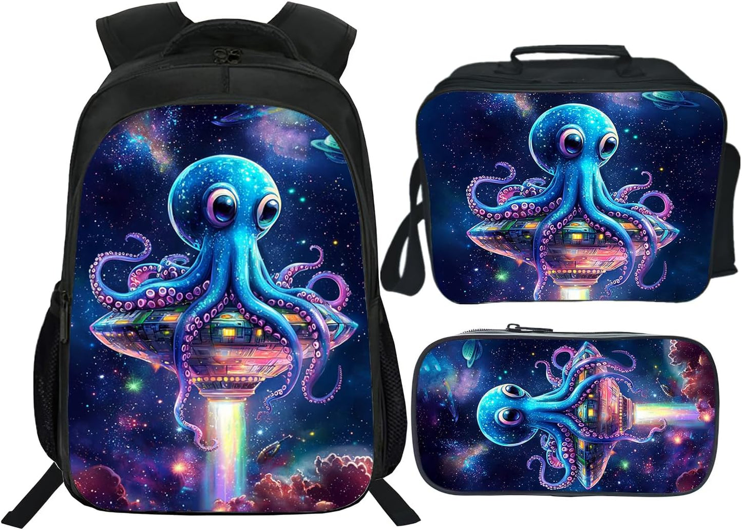Klymax Octopus Backpack Space Galaxy Animal Spacship Kids Schoolbag with Lunch Box Bag Pencil Bag 3pcs Bookbag Sets for Boys Girls