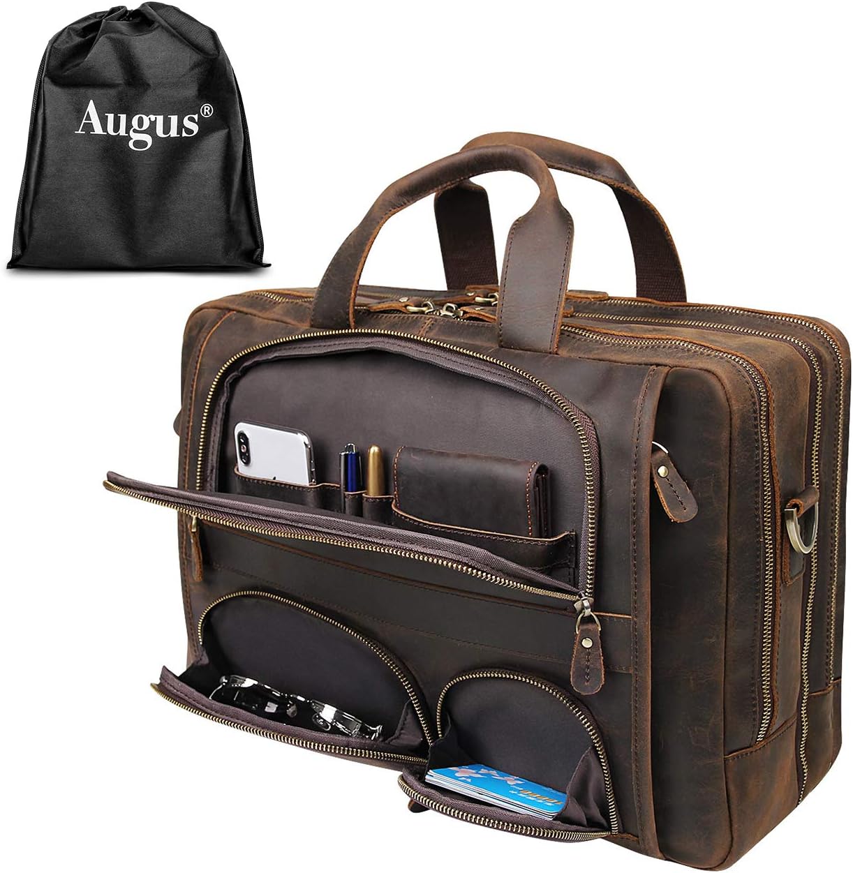 Augus Business Travel Briefcase Genuine Leather Duffel Bags for Men Laptop Bag fits 15.6 inches