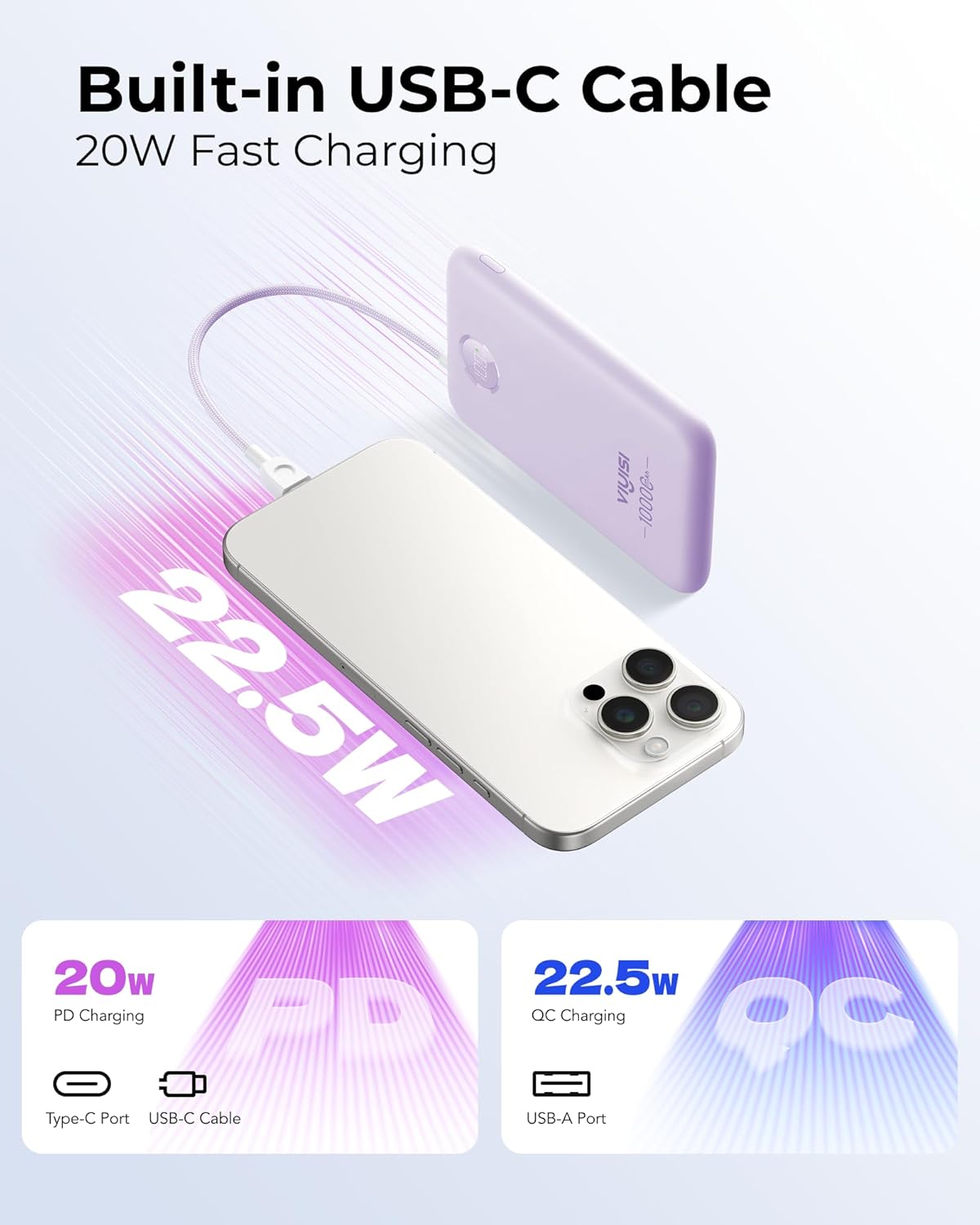 Slim Portable Charger 10000mAh, Travel Power Bank with Built-in USB-C Cable & LED Display, 22.5W Fast Charging Battery Pack Compatible with iPhone 16 15 Samsung S24 S23 -Purple