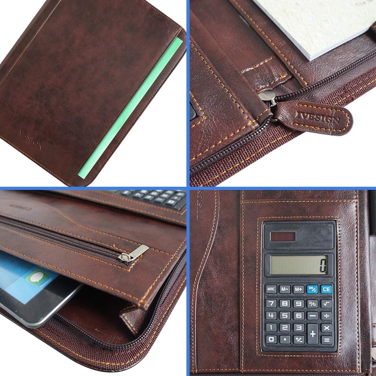 IVESIGN Faux Leather Portfolio Padfolio Organizer with Calculator, Writing Pad, Zipper Closure, Tablet Sleeve, Clipboard with Storage, Document Organizer, Business Card Holder, Note Pads- Dark Brown