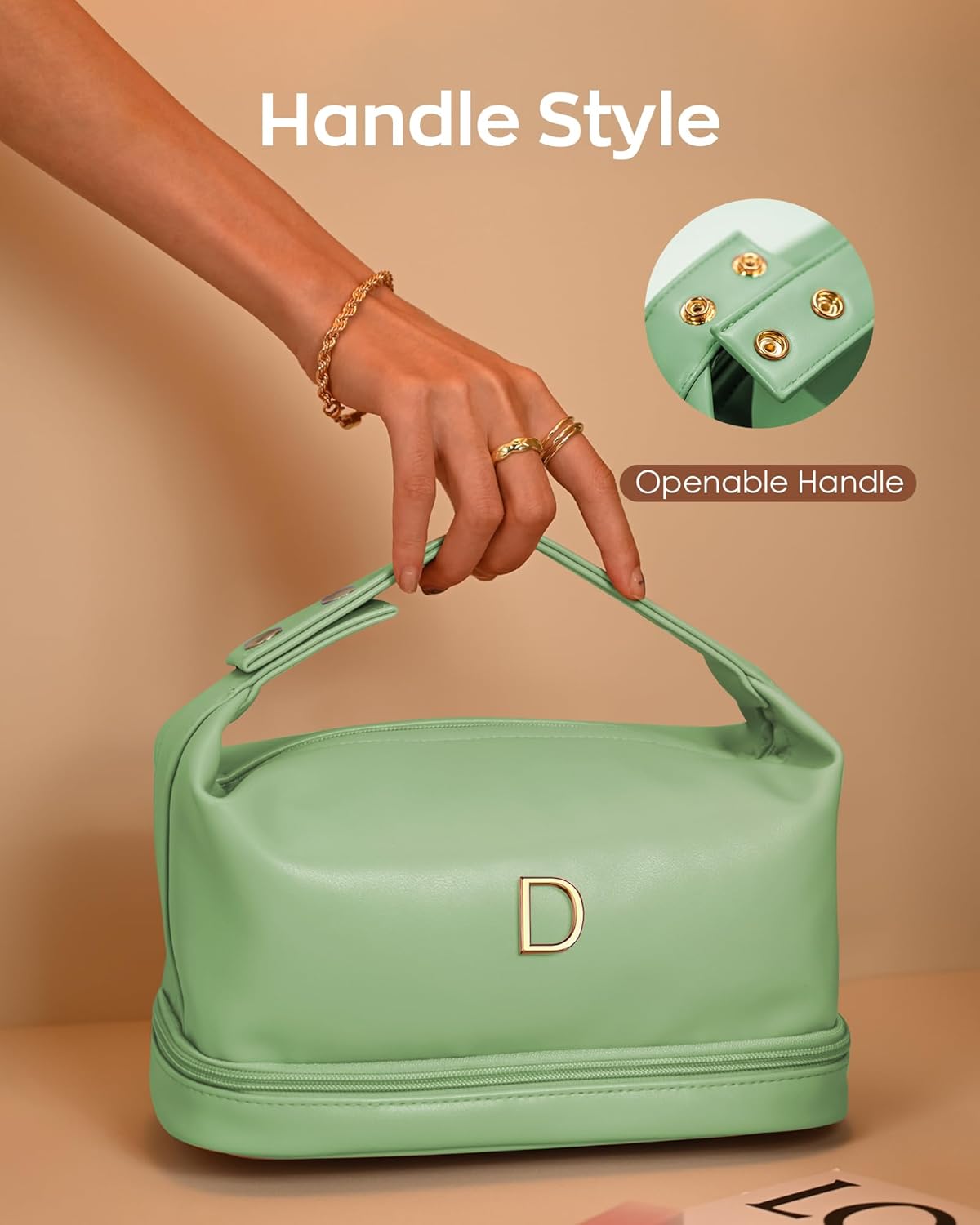 Gifts for Women 40s, Personalized Makeup Bag with Handle, Initial Double Layer Cosmetic Bag with Makeup Brush Organizer, Cute Cosmetic Pouch for Women, Gifts for Friends Female Mom