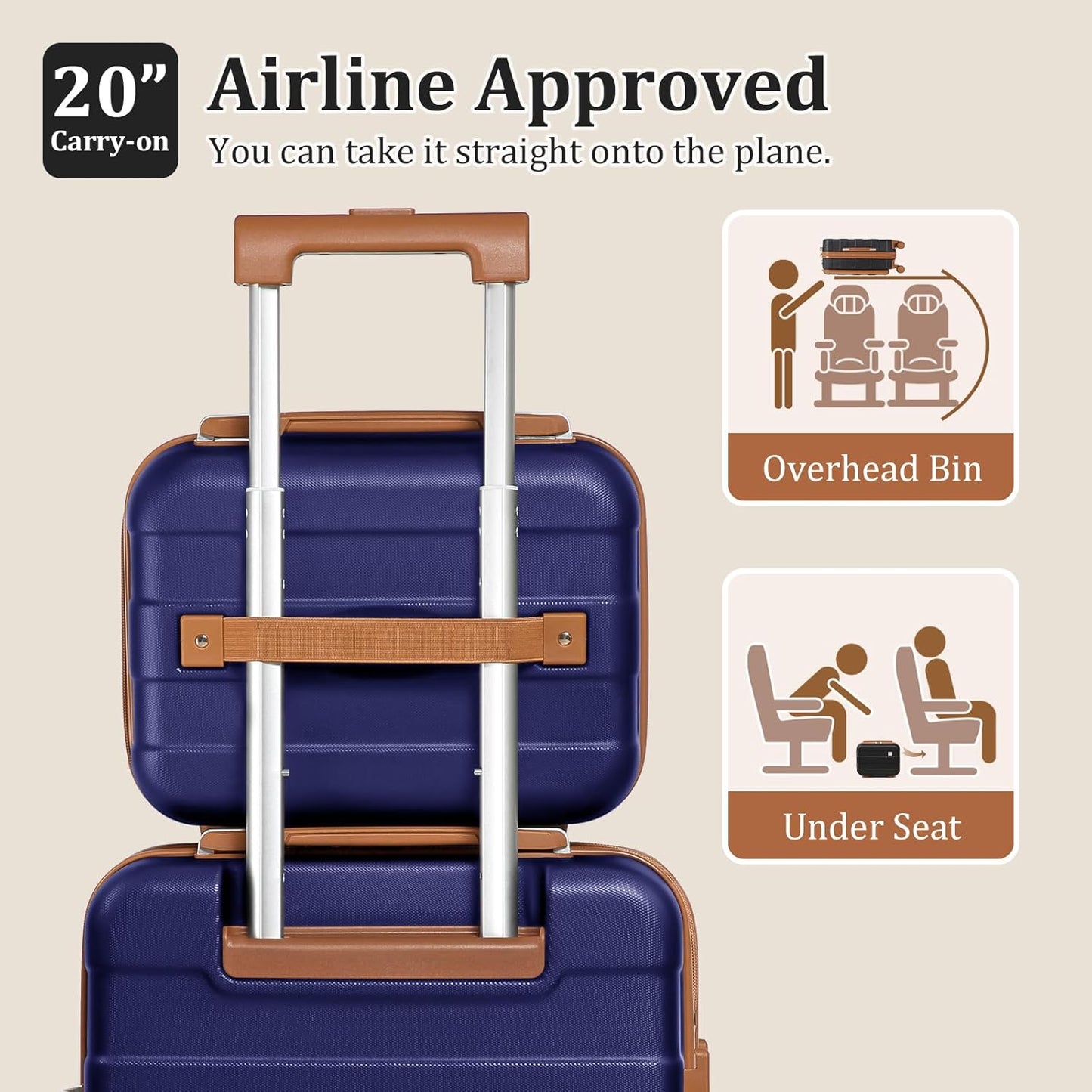 imiomo Carry on Luggage Airline Approved, Lightweight Hard Shell Carry-on Suitcase, 20 Inch Travel Luggage with Spinner Wheels and USB Port, Navy Brown