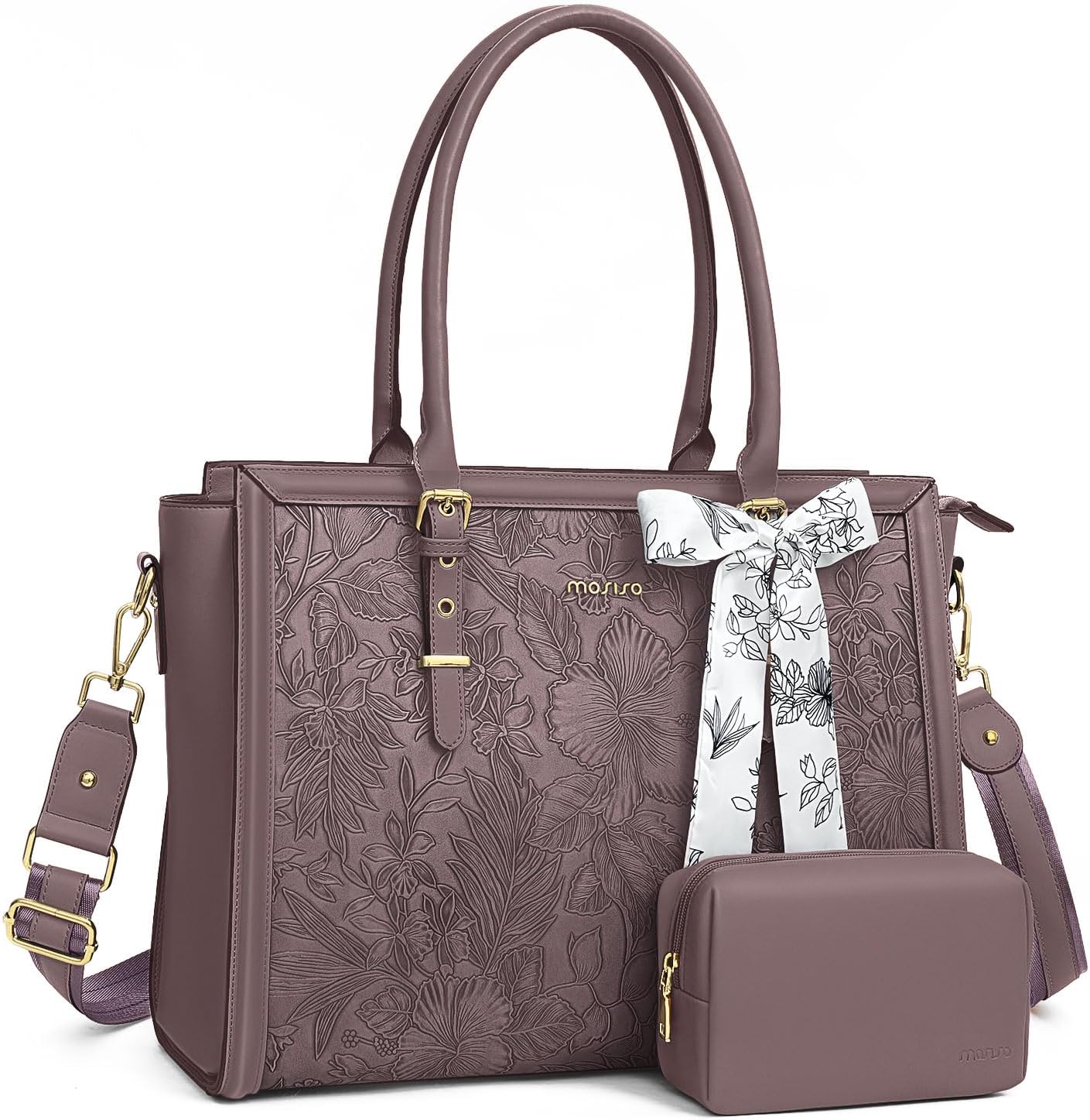 MOSISO Laptop Bag for Women, PU Leather Tote Bag, Front Embossed Retro Hibiscus Computer Bags with Silk Scarf&Clutch Purse
