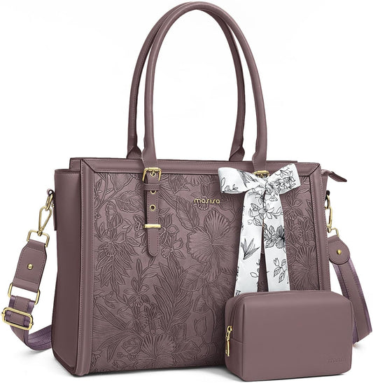MOSISO Laptop Bag for Women, PU Leather Tote Bag, Front Embossed Retro Hibiscus Computer Bags with Silk Scarf&Clutch Purse