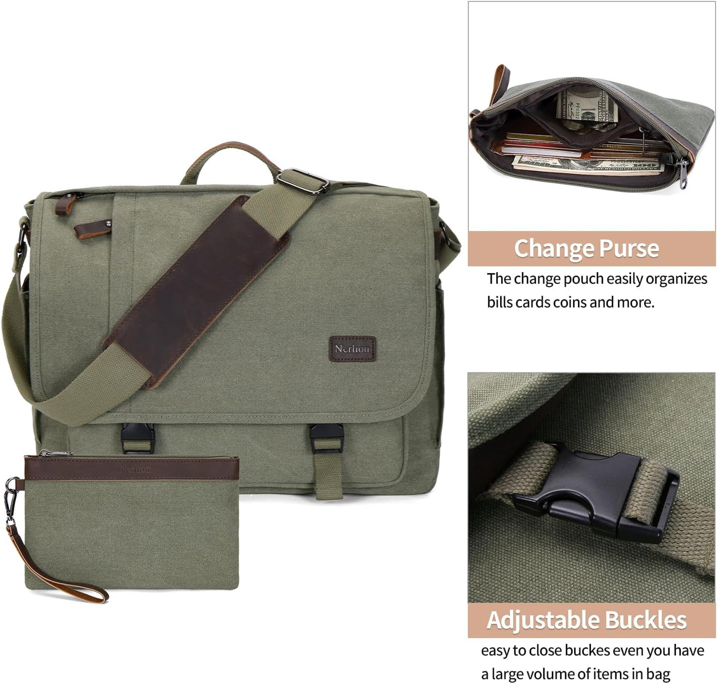 Nerlion Messenger Bag for Men 17-17.3 Inch Laptop Bag Canvas Water-resistant Computer Bag Shoulder Bag Work Briefcase Bookbag for College (Green)