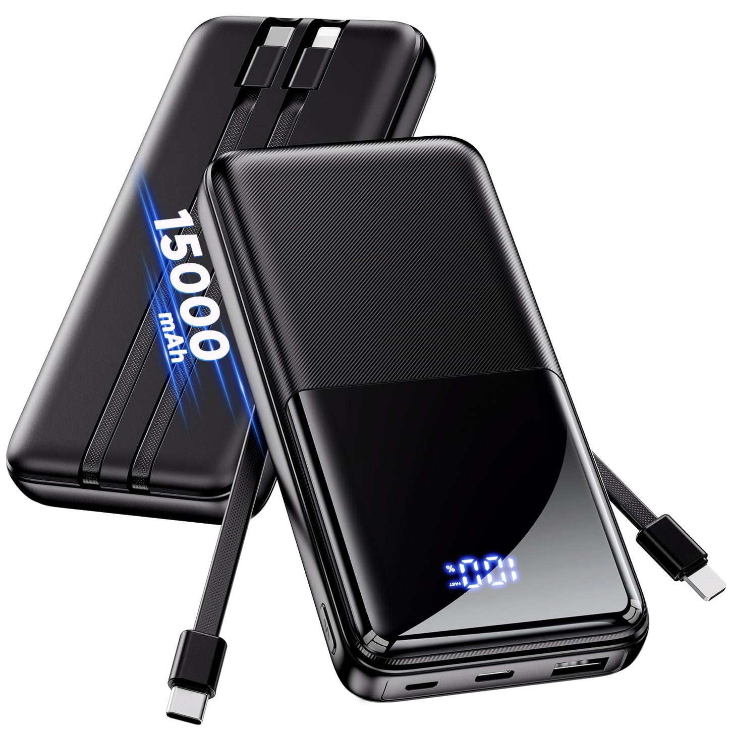 CFIAI Portable Charger 15000mAh Slim Power Bank with Built in Cables