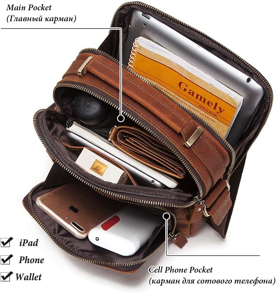 Crossbody Bag Shoulder Bag for Men, Genuine Leather Man Bag Vintage Messenger Bag for Travel Work