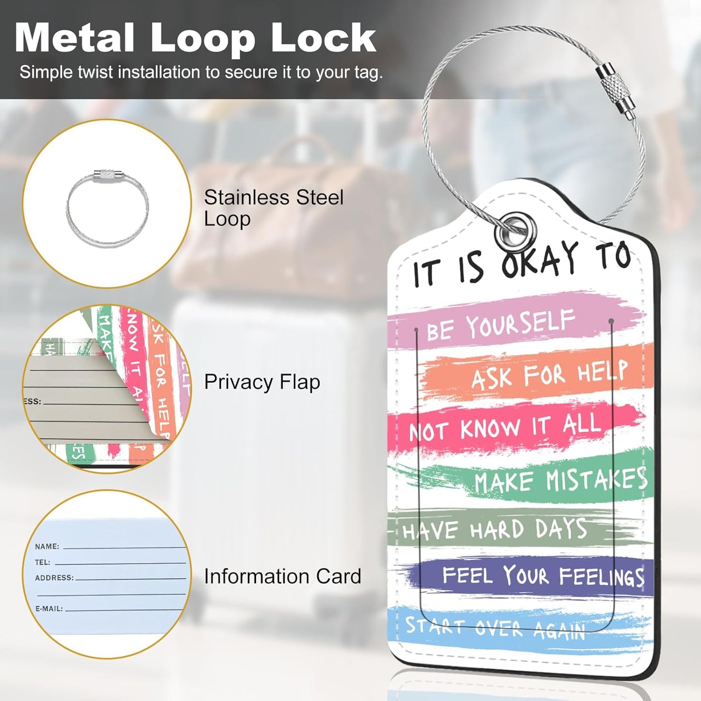 2Pack Luggage Tags for Suitcases, Cute Unique Pu Leather Cruise Luggage Tag with Privacy Cover ID Label Address Card and Metal Ring Suitable for Women Men Kids Travel Bag Inspirational Language