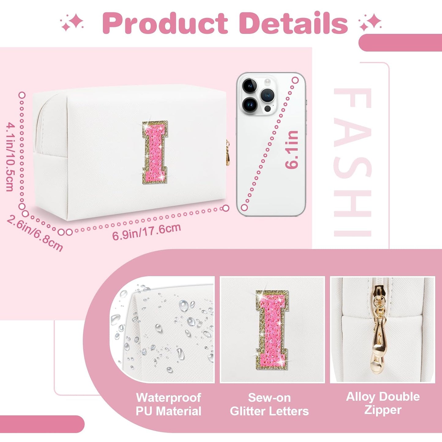 Small Personalized Initial A-Z Patch Makeup Bag,White Cute PU Leather Glitter Letter Cosmetic Bag for Teen Girls,Travel Toiletry Bag with Zipper,Preppy Monogrammed Birthday Gift for Daughter Niece I