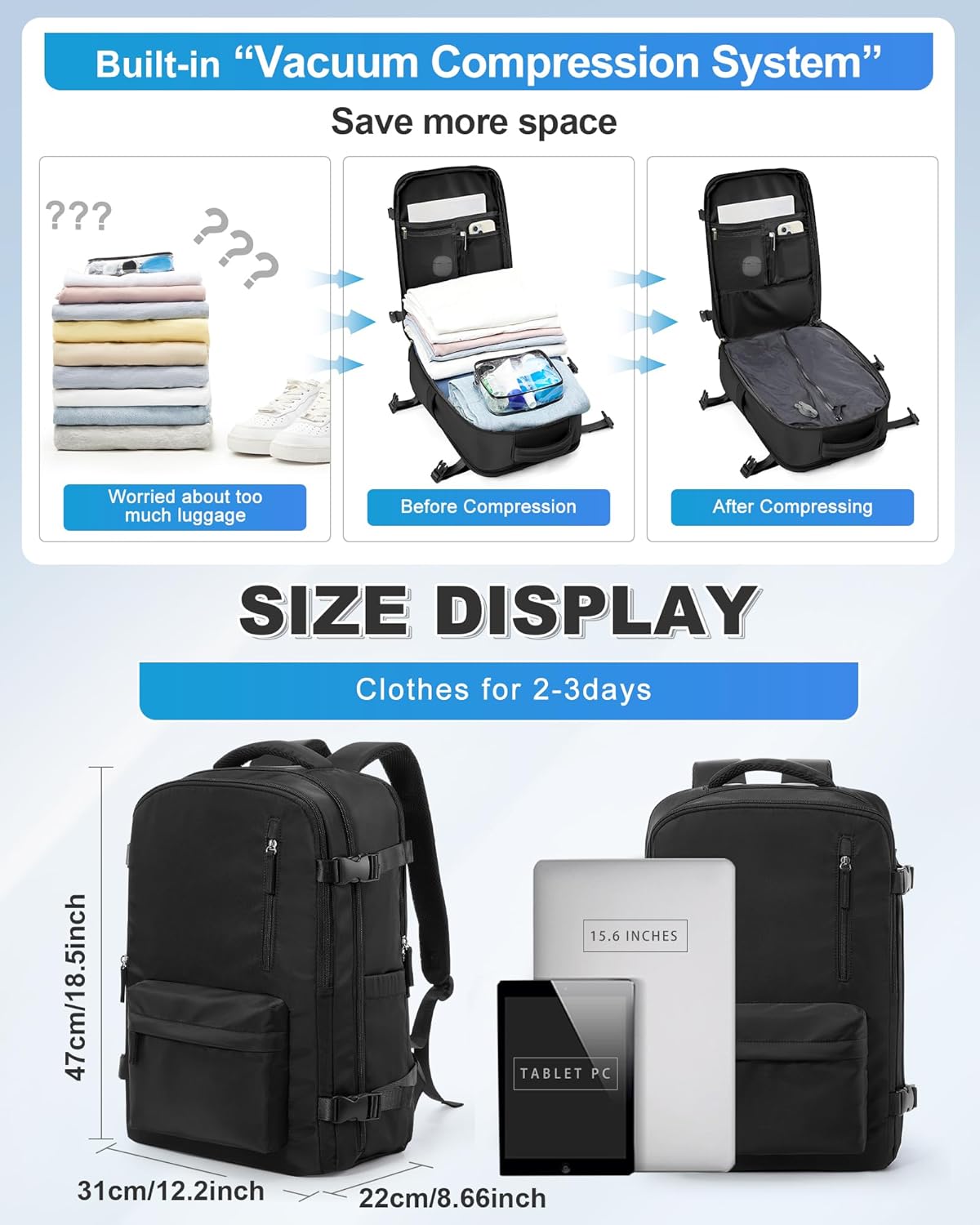 VGCUB Vacuum Backpack Travel with Electric Pump Vacpack System Storage Carry on Work Laptop Business Waterproof College Compression Personal Item Daypack Backpacks for Women Men Black
