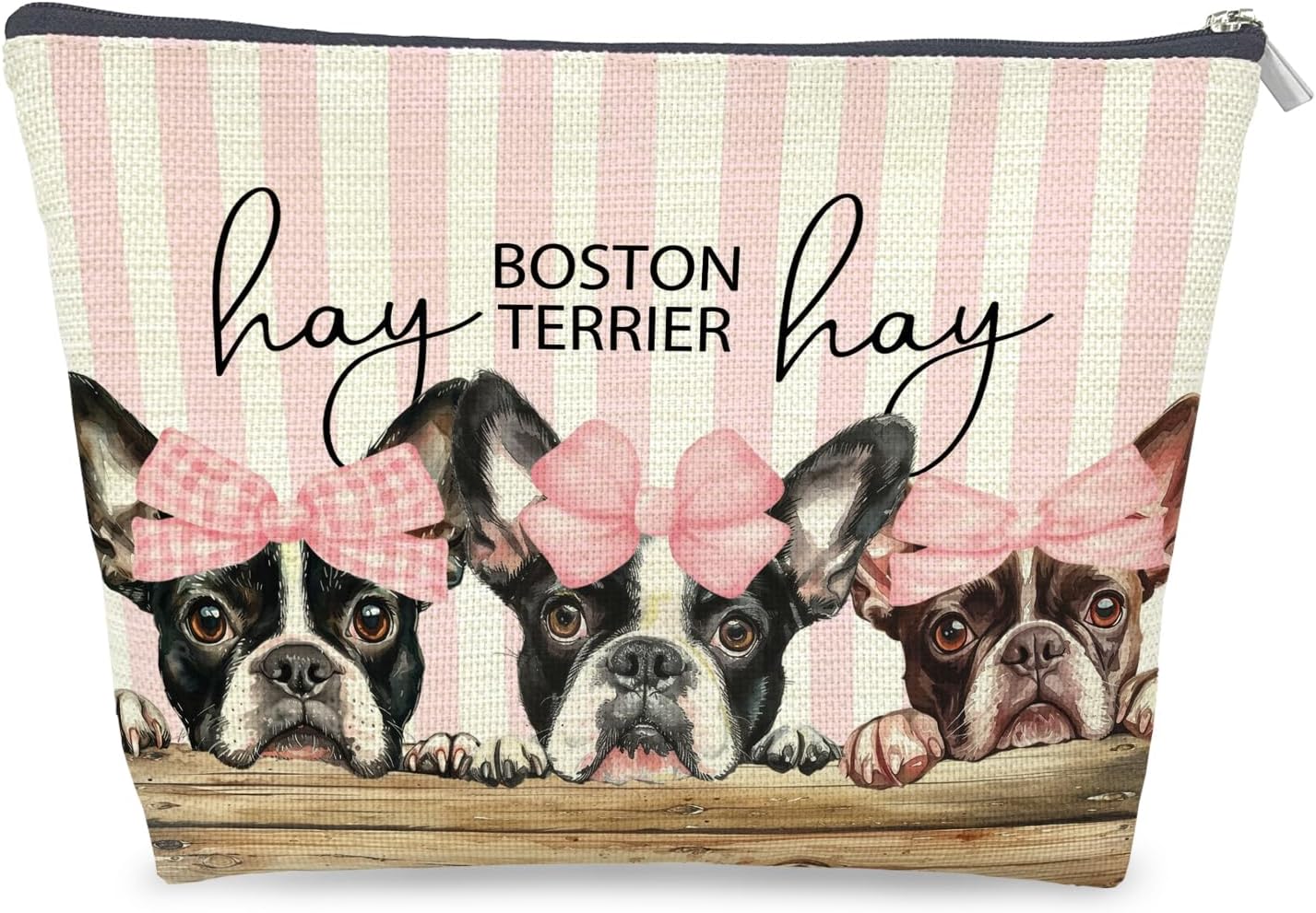 Coquette Pink Bow Boston Terrier Makeup Bag Gifts for Women, Boston Terrier Lover Gifts Cosmetic Bag, Rustic Preppy Girly Dog Striped Zipper Makeup Pouch Travel Toiletry Bag