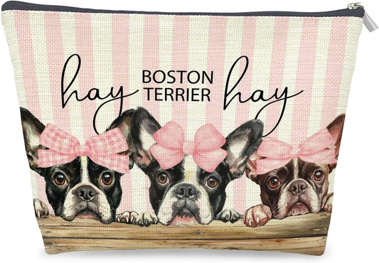 Coquette Pink Bow Boston Terrier Makeup Bag Gifts for Women, Boston Terrier Lover Gifts Cosmetic Bag, Rustic Preppy Girly Dog Striped Zipper Makeup Pouch Travel Toiletry Bag