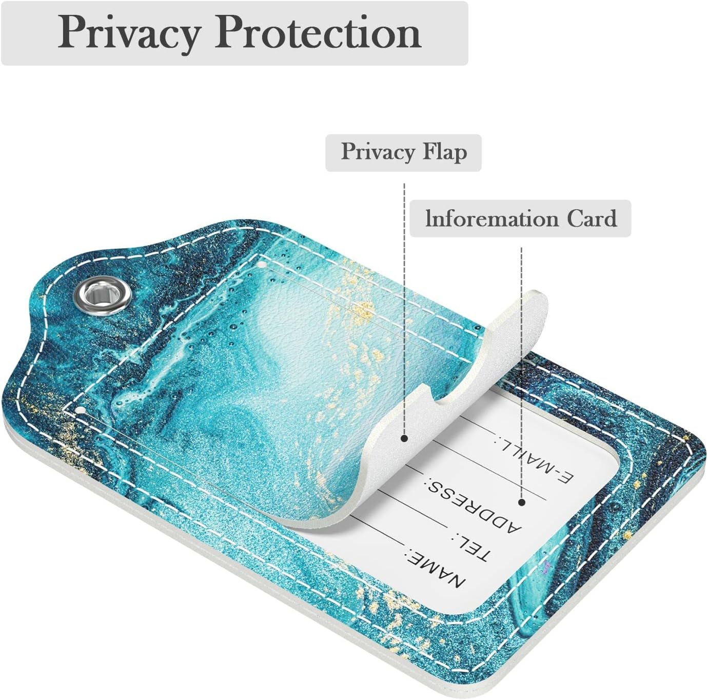 Luggage Tags for Suitcase, 2 Pack PU Leather Travel Cruise Luggage Tag with Privacy Flap, Name ID Label and Metal Loop for Women Men Girls Suitcase Baggage Bag Backpack Instrument, Teal Marble