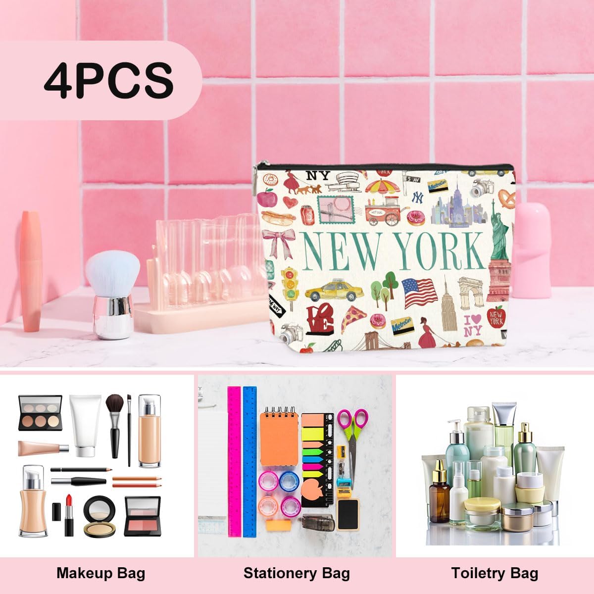 4PCS New York Souvenirs and Gifts Souvenirs from USA Makeup Bag Cosmetic Bag for Women Friend Sister Bestie New York Travel Lover Weekend Bag Vacation Christmas Birthday Friendship