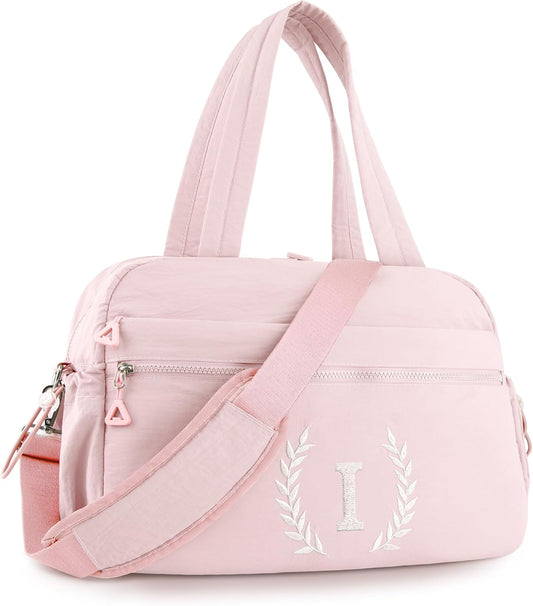 Gift for Women, Kid & Friend, Initial Girls Duffle Bag, Monogrammed Personalized Overnight Weekender, Birthday Gifts for Teen, Mom, Daughter, Grandmother, Dad (Pink, I)