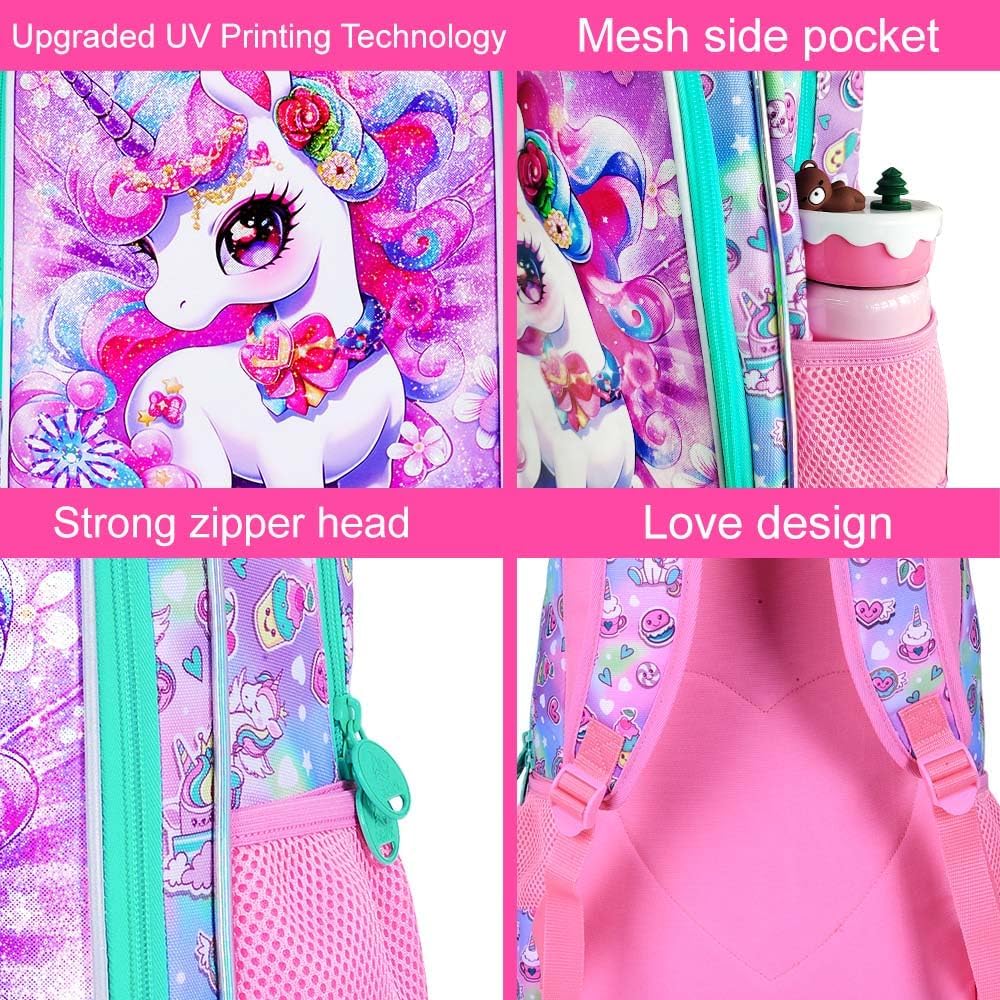 3PCS Unicorn Backpack for Girls, Water Resistant Kids Bookbag Set with Lunch Box，Cute Elementary School Bag for Preschool Toddler