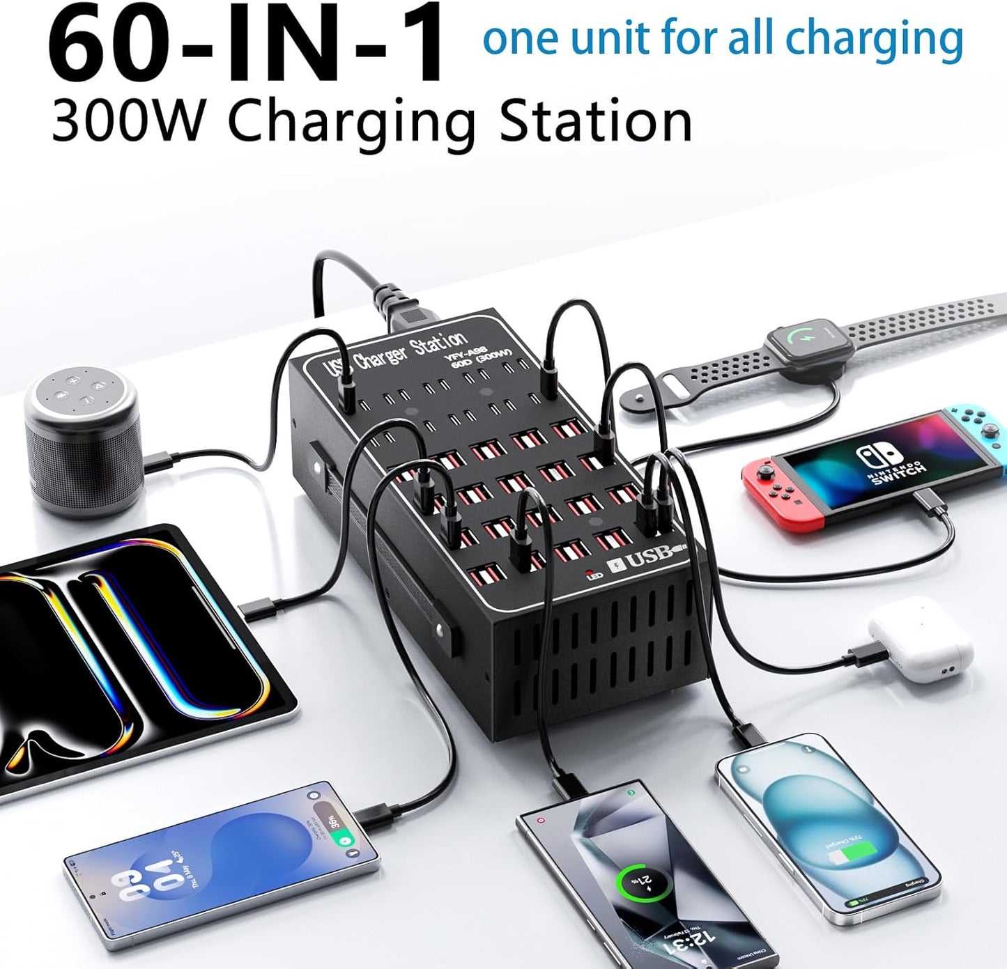 USB Charger Block Charging Station, 60 Port 300W(60A) USB C Charger, Fast Charger for Multiple Devices Desktop USB Charger Hub Compatible with iPhone 17 16 15 14 13 12, iPad, Samsung Galaxy, Table