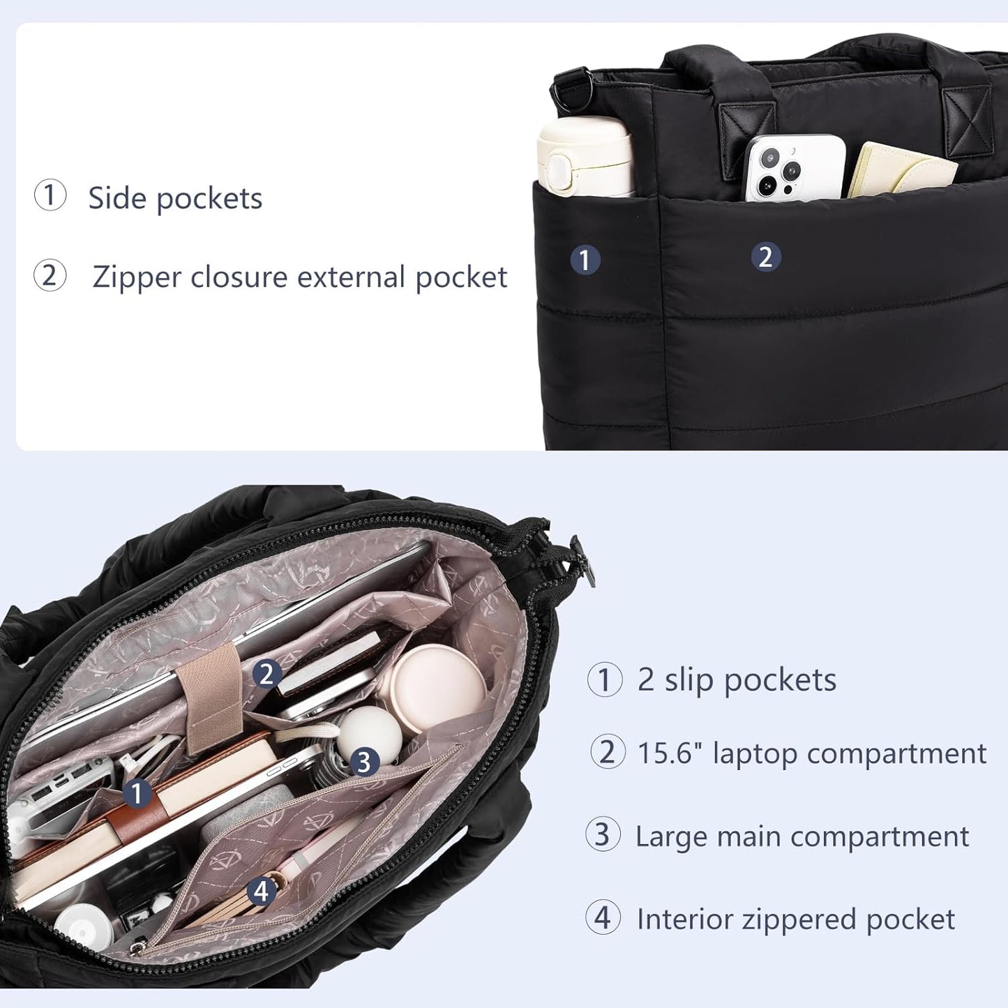 Tote Bag for Women Puffer Tote Bag Large Nurse Bags Shoulder Handbag with Zipper for Work Travel