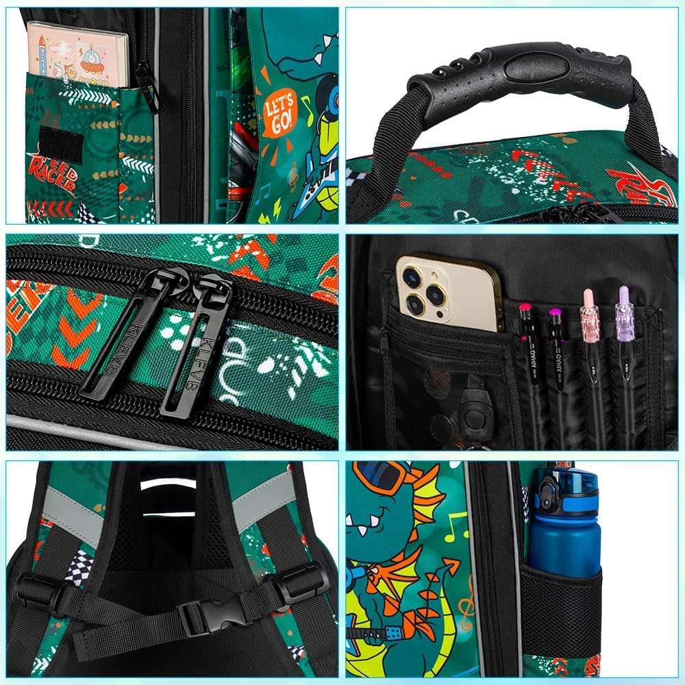 KLFVB 3PCS Cat Uni Dinosaur Backpack for Girls and Boys, 16" Kids Bookbag and Lunch Box, Preschool Backpacks for Elementary