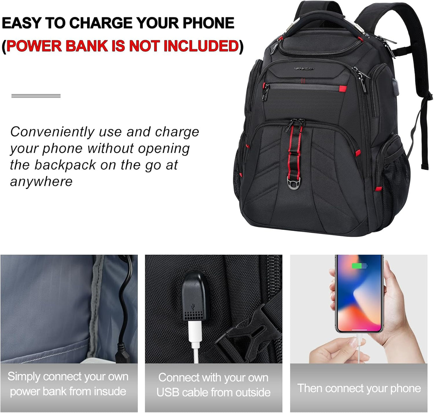 VANKEAN Travel Laptop Backpack 17.3 Inch TSA Friendly, Water-Repellent Anti Theft XL Computer Backpack with RFID Pockets College Backpacks with USB Port for Men Women Business Work Bag, Black