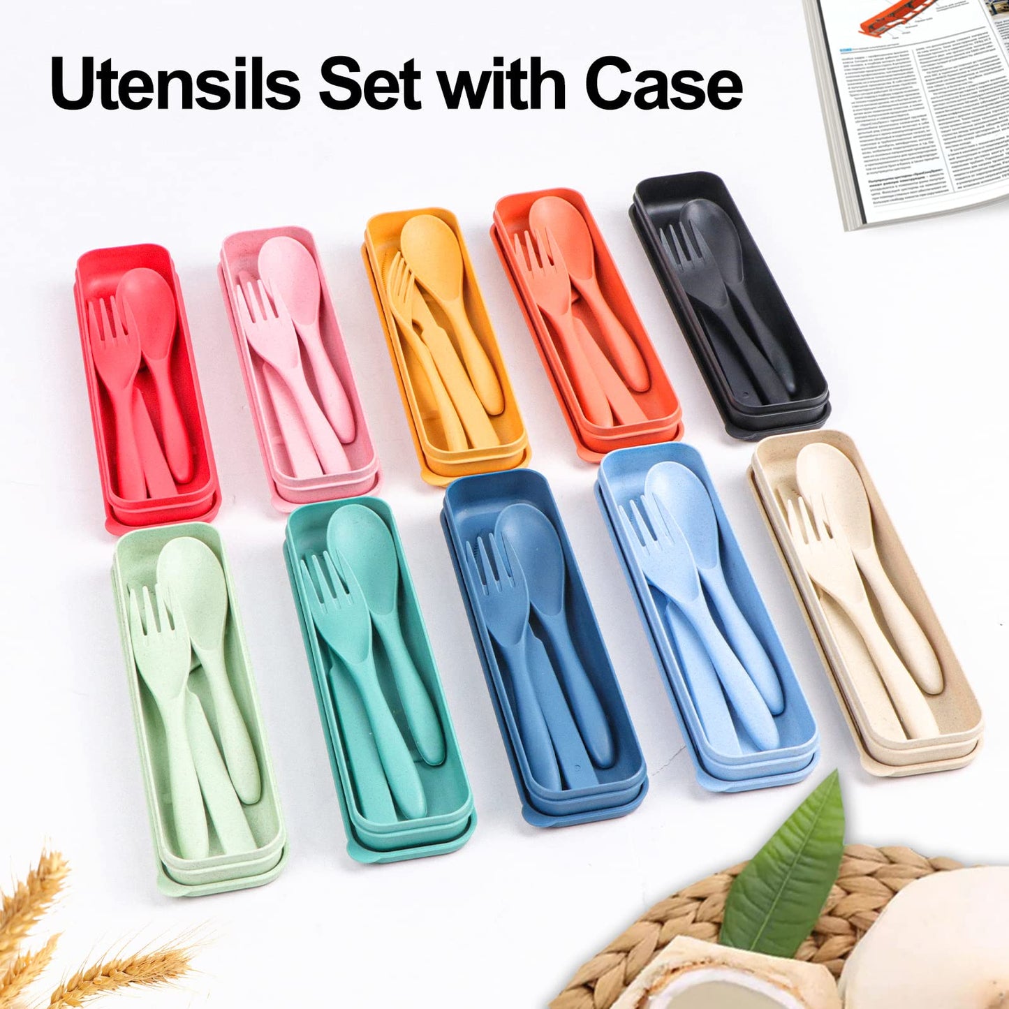 Reusable Travel Utensils Set with Case, 4 Sets Wheat Straw Portable Plastic Fork Spoons Knife