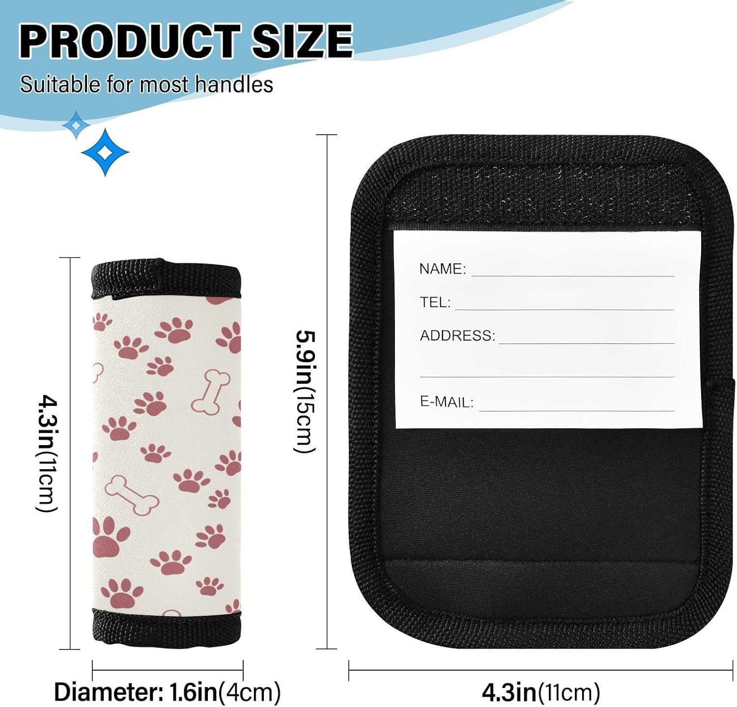 Dog Paw Bone 2 Pack Luggage Handle Wrap for Suitcase Luggage Identifier Travel Tags Handle