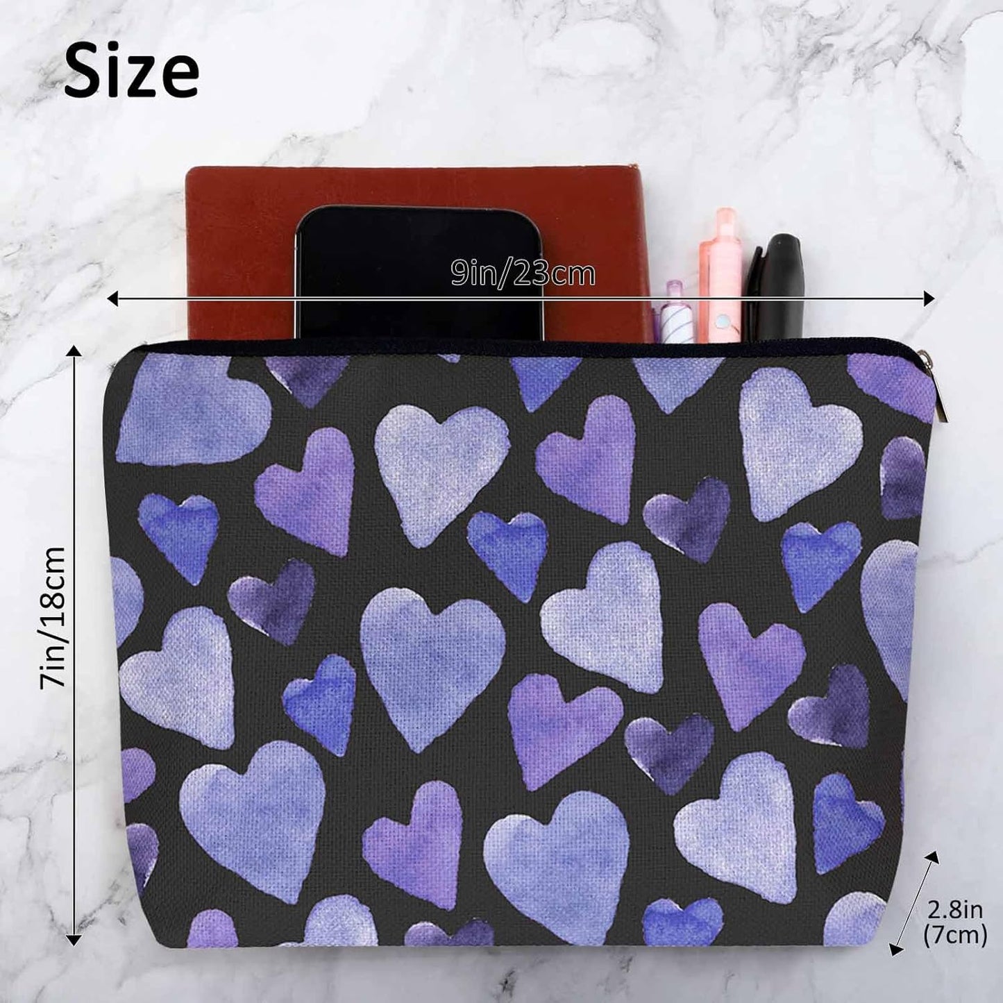Women Makeup Organizer Bag Heart Watercolor Love Hearts Blue Purple Flax Cosmetic Bag Makeup Bags