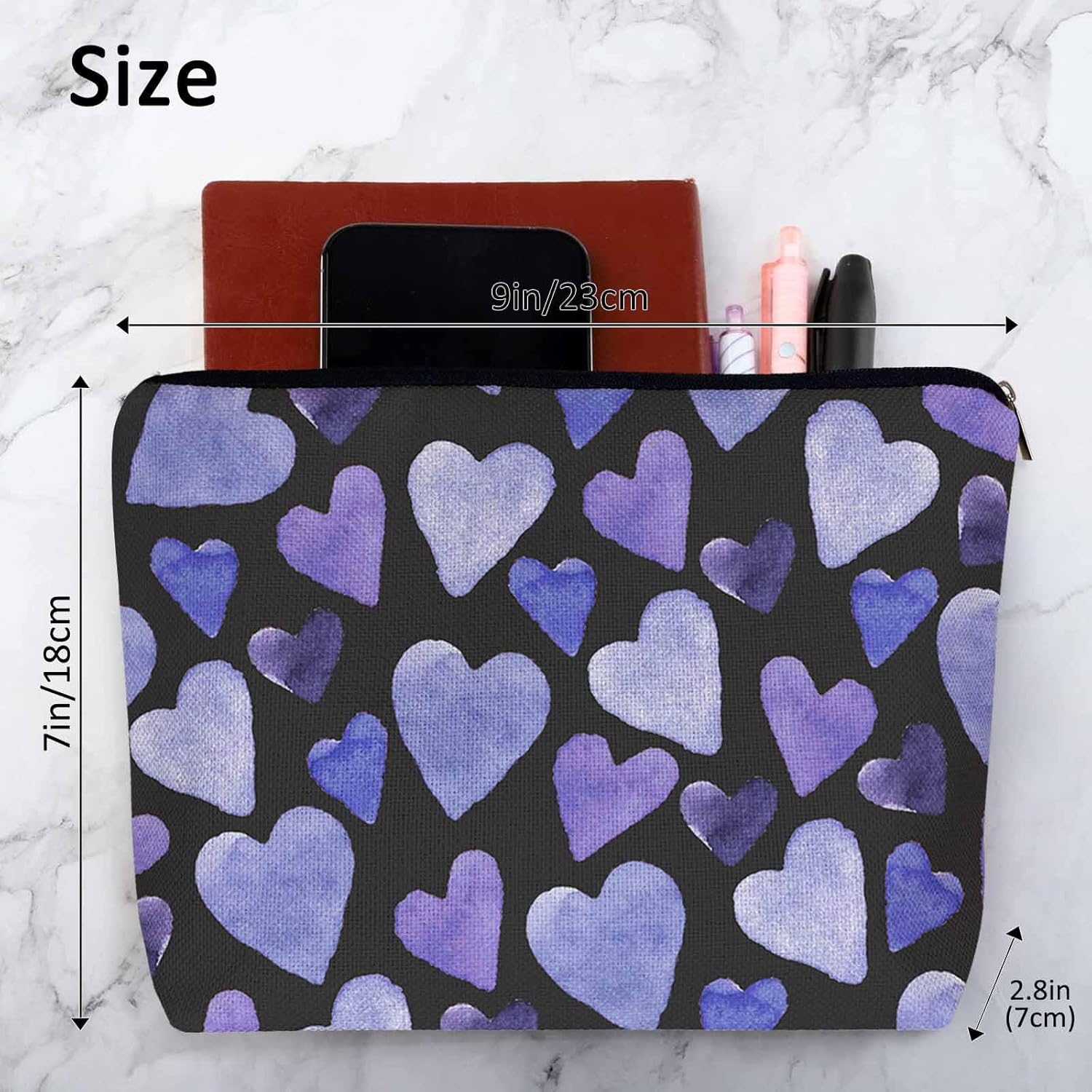 Women Makeup Organizer Bag Heart Watercolor Love Hearts Blue Purple Flax Cosmetic Bag Makeup Bags