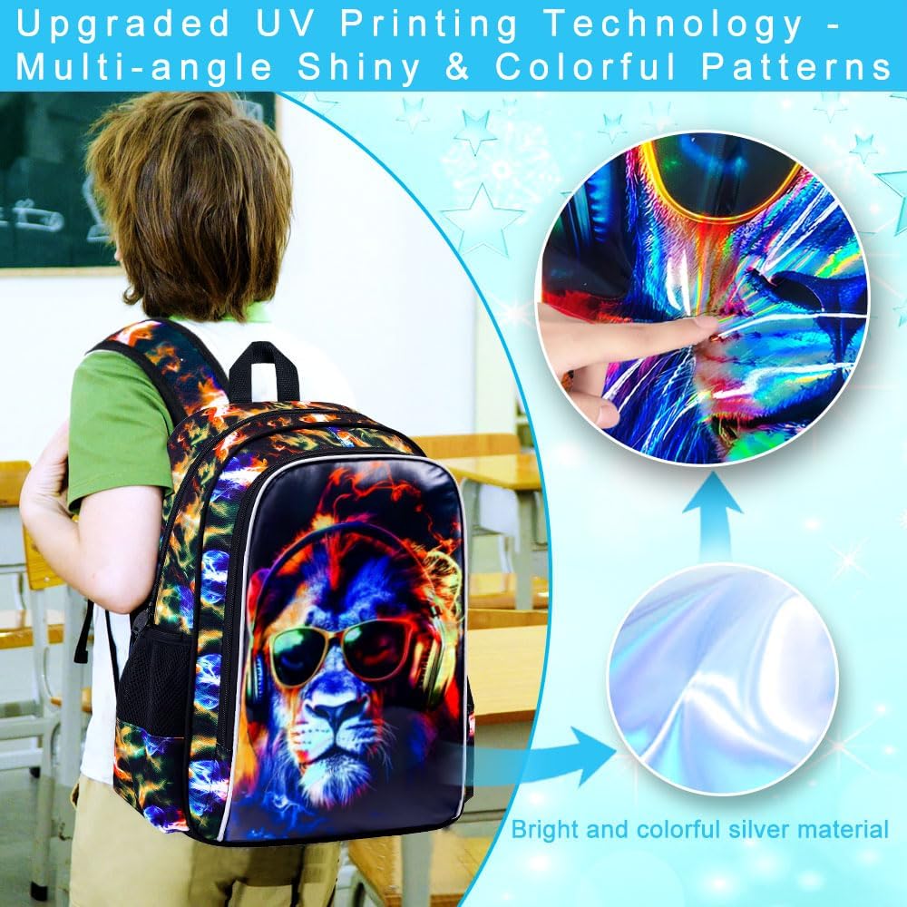 3PCS Boys Lion Bookbag, Water Resistant Kids Backpack with Lunch Box, 17" School Bag Set for Teenagers Middle Elementary - Sunglasses Lion