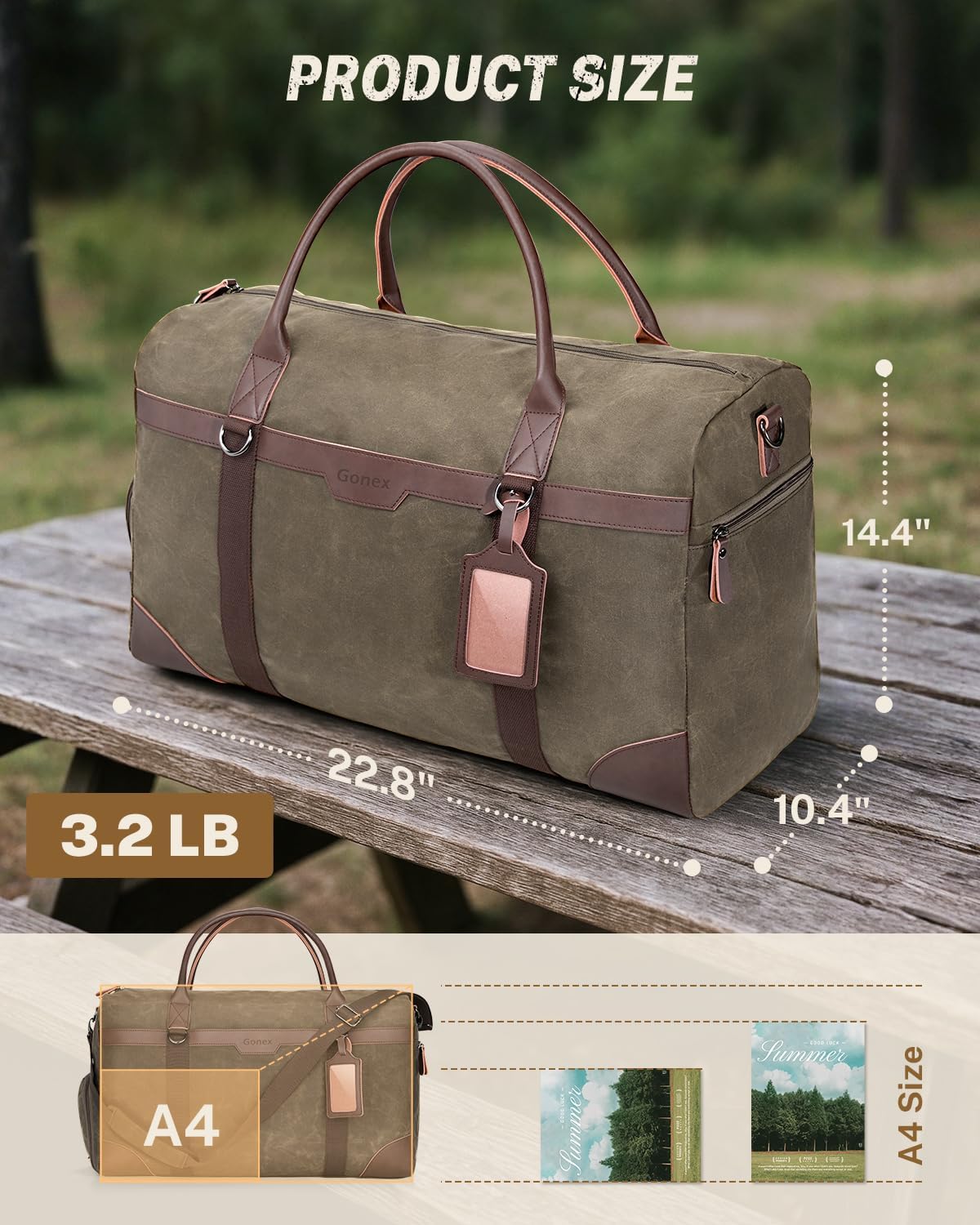 Gonex Waxed Canvas Duffle Bag for Travel, Water-resistant Vintage 55L Duffel Weekender with Shoes