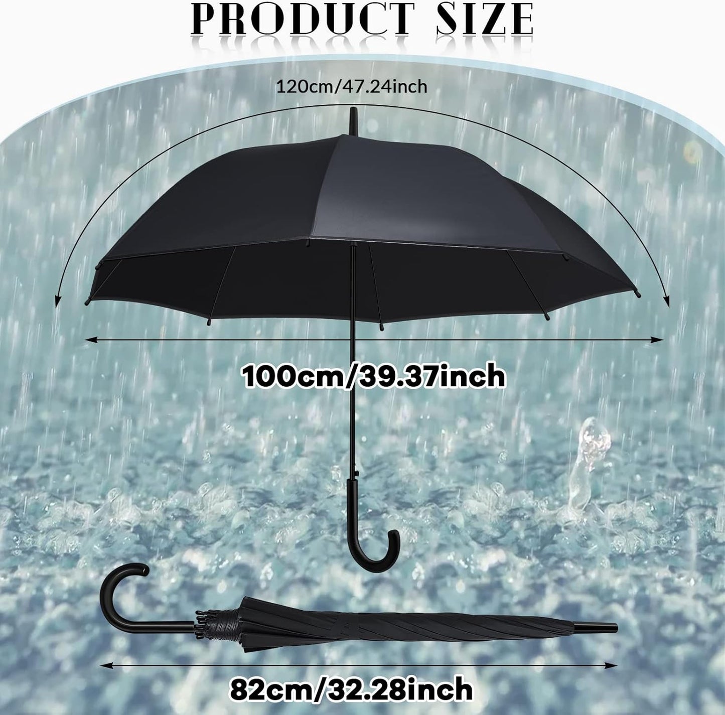 Reginary Black Umbrella Bulk Wedding Stick Umbrellas Large Canopy Windproof Rain Auto Open J Hook Handle for Adult