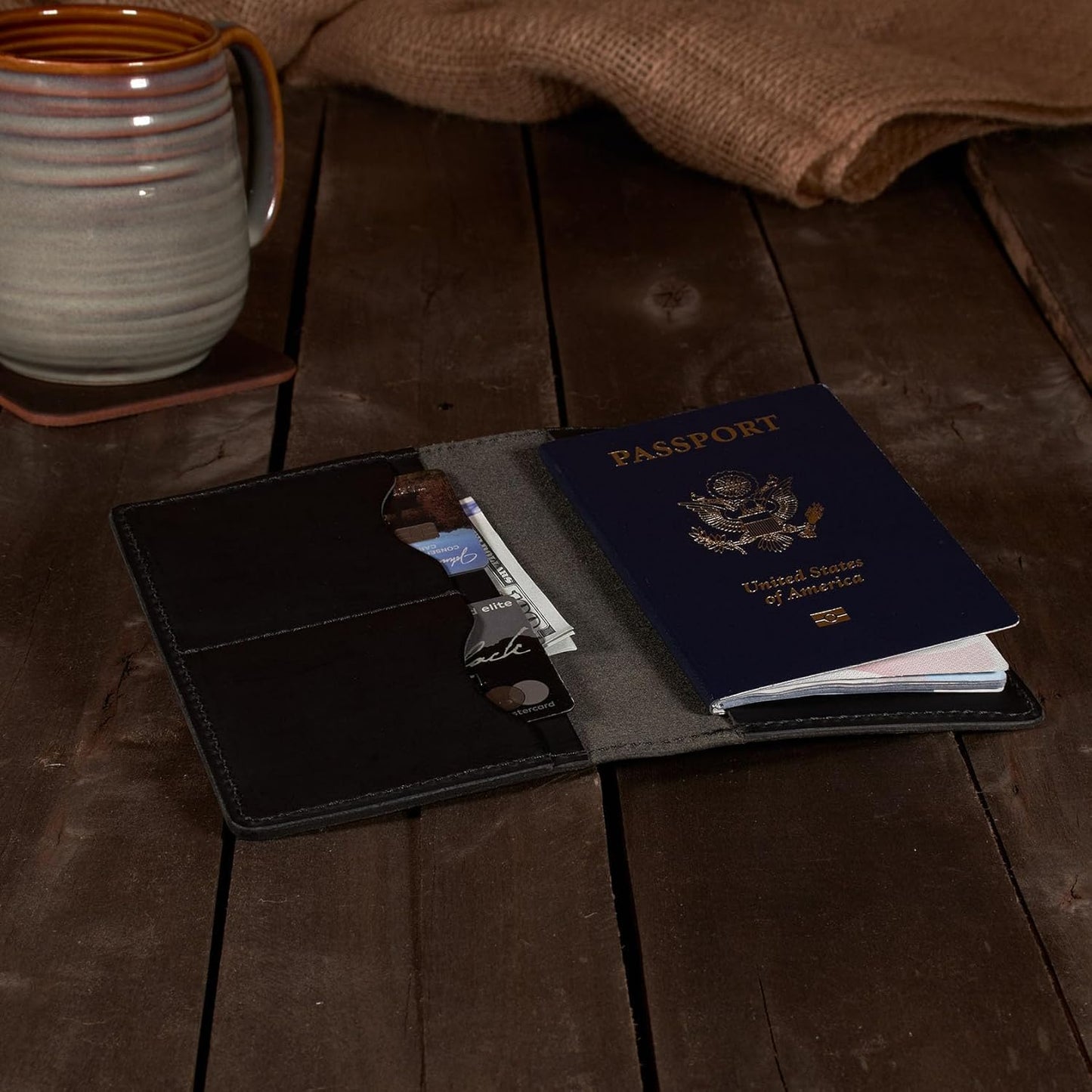 Passport Cover – Handmade Vintage Leather Travel Wallet Fits Standard Passports & 3.5" x 5.5" Pocket Notebooks – Slim Passport Holder with 2 Card Slots & Interior Pocket (Black)