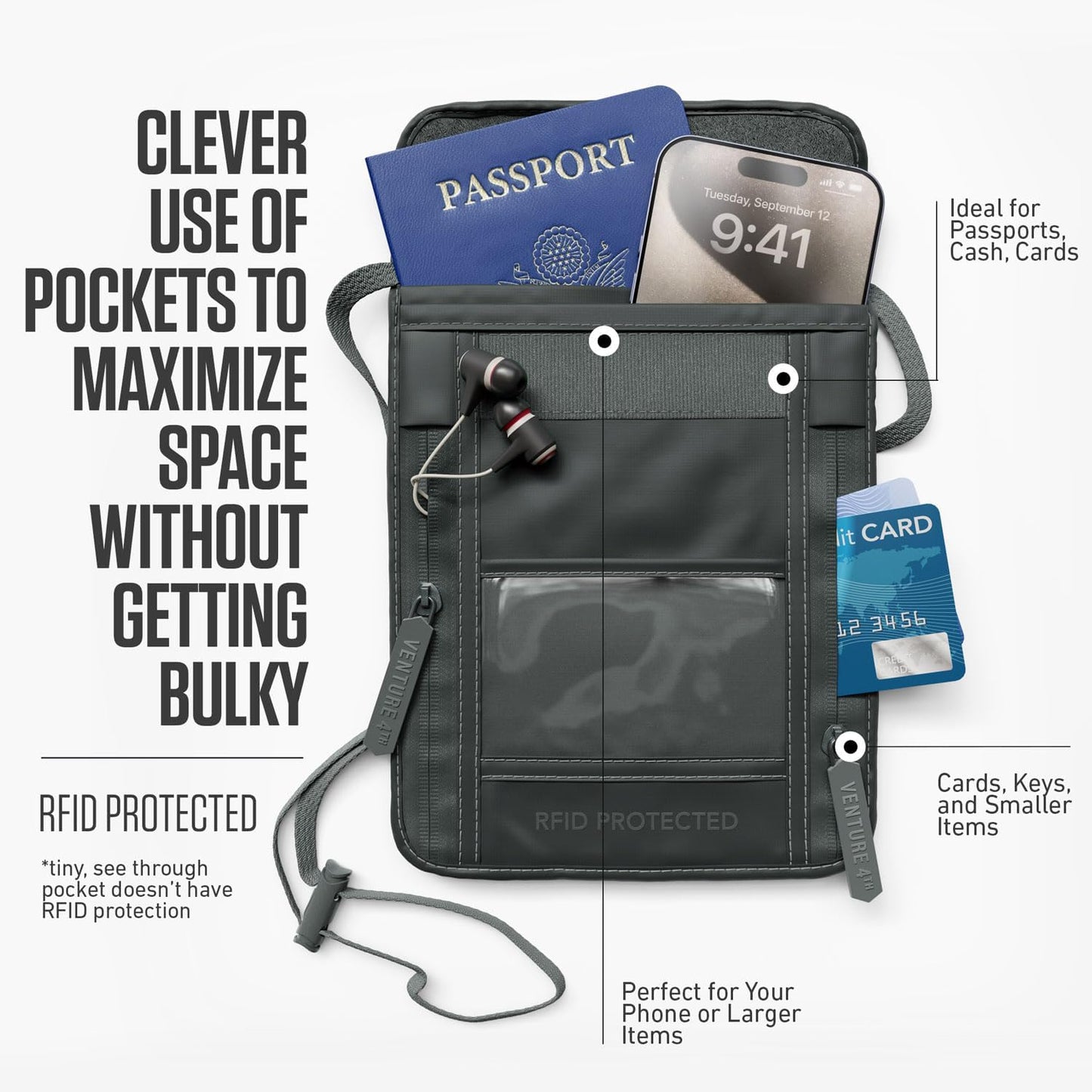 VENTURE 4TH Neck Wallet, RFID Blocking Passport Holder for Travel – Hidden Neck Pouch with 5 Compartments, Slim Lightweight Organizer with Adjustable Strap for Cash, Cards & Passport (Sleek Gray)
