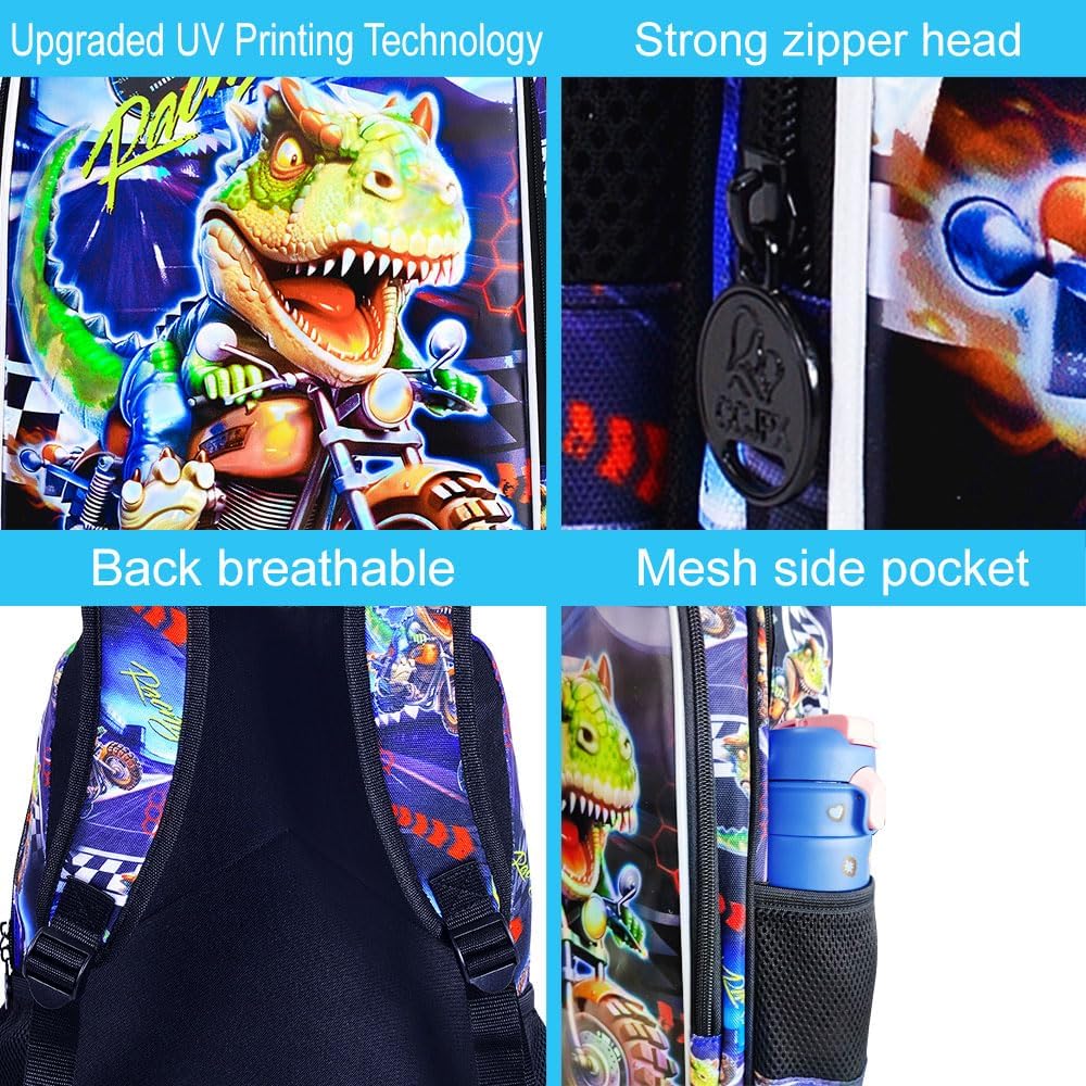 3PCS Dinosaur Backpack for Boys, 16 Inch Kids Water Resistant Preschool Elementary Kindergarten
