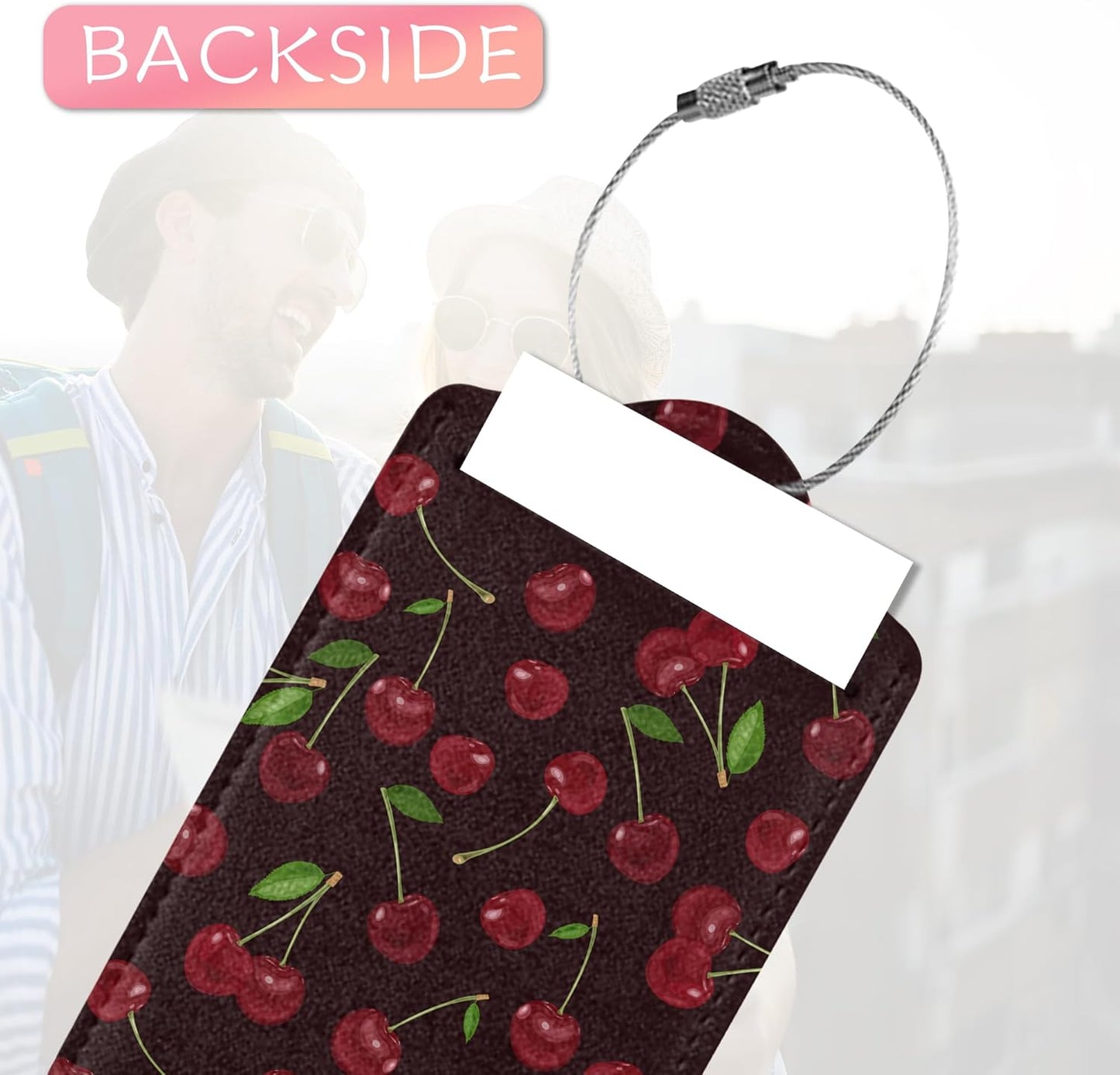 2 Pack Luggage Tags for Suitcases, Sweet Cherry Luggage Tag, Leather Stainless Steel Loop Label Tag for Men Travel Bag Suitcase