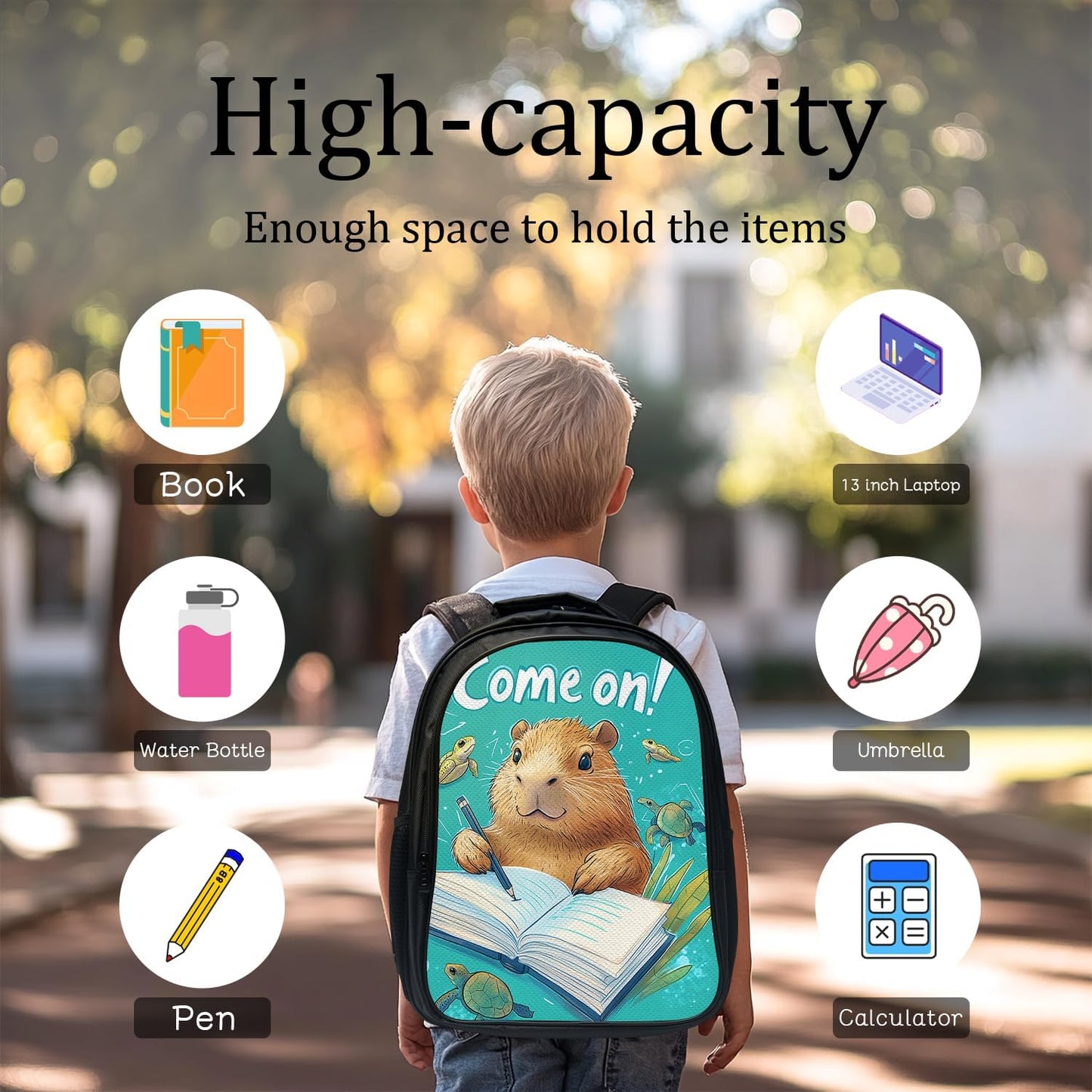 Funny Capybara Backpack School Bag 3PCS Backpack 16 Inch with Lunch Bag Set Lightweight for Teen Boys Girls Kids Elementary Middle School