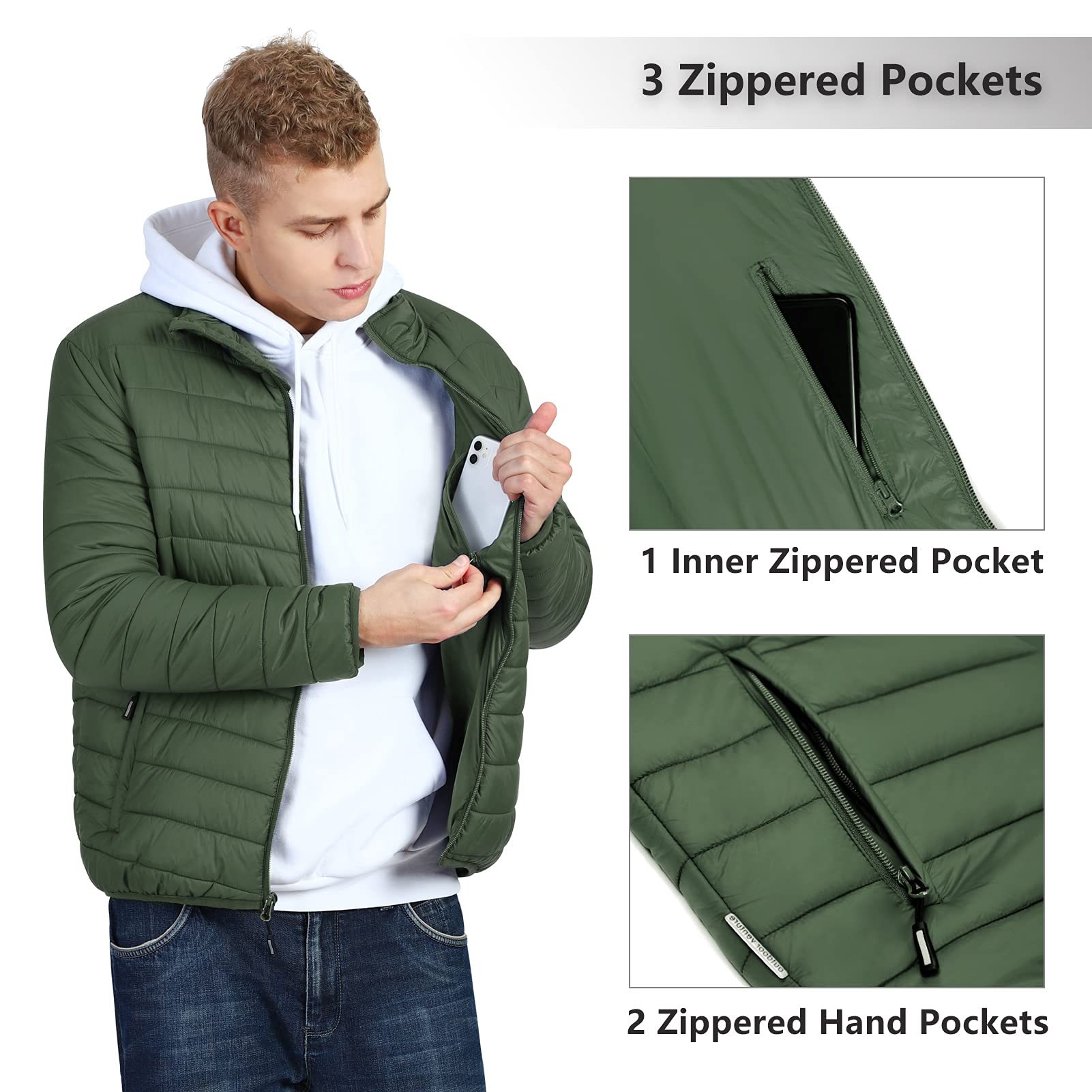 Outdoor Ventures Men's Lightweight Packable Puffer Winter Jacket Insulated Puffy Coat for Snow Ski