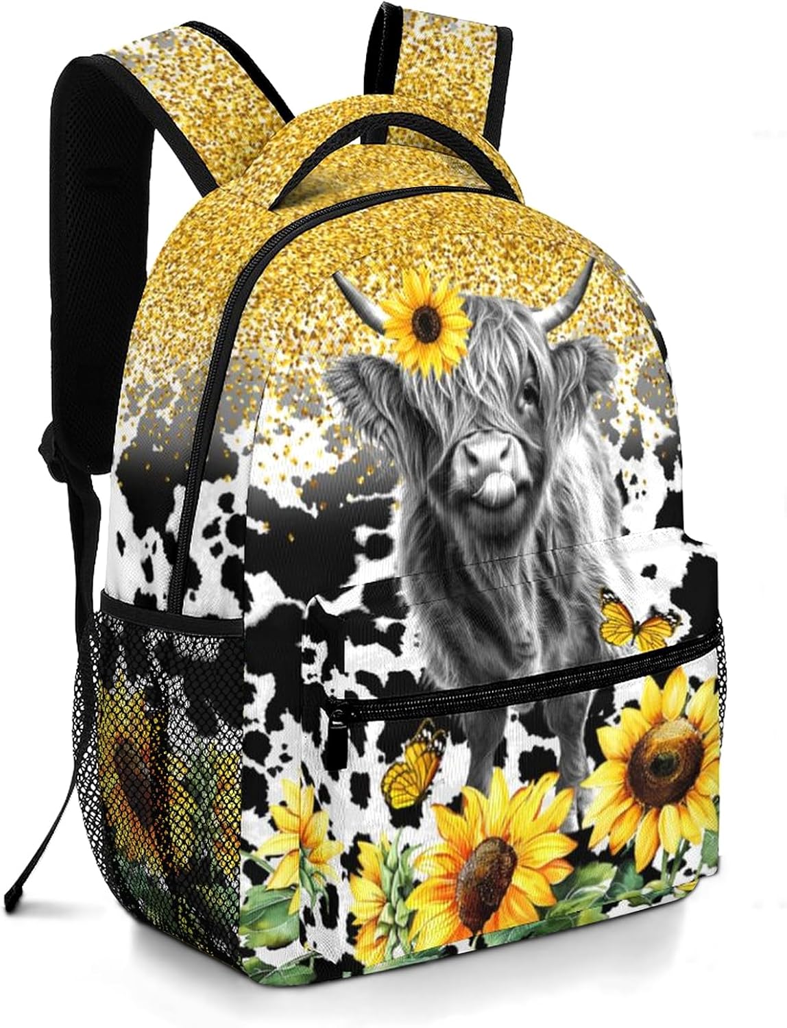 Highland Cow Backpack for Girls Boys Sunflower Cow Print School Backpack for Kids Children Teens