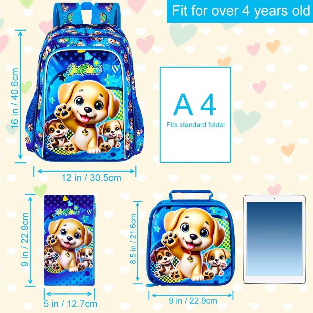 3PCS Backpack for Boys, 16" Kids Dog Backpacks Water Resistant for Elementary Preschool, Boy Bookbag with Lunch Box