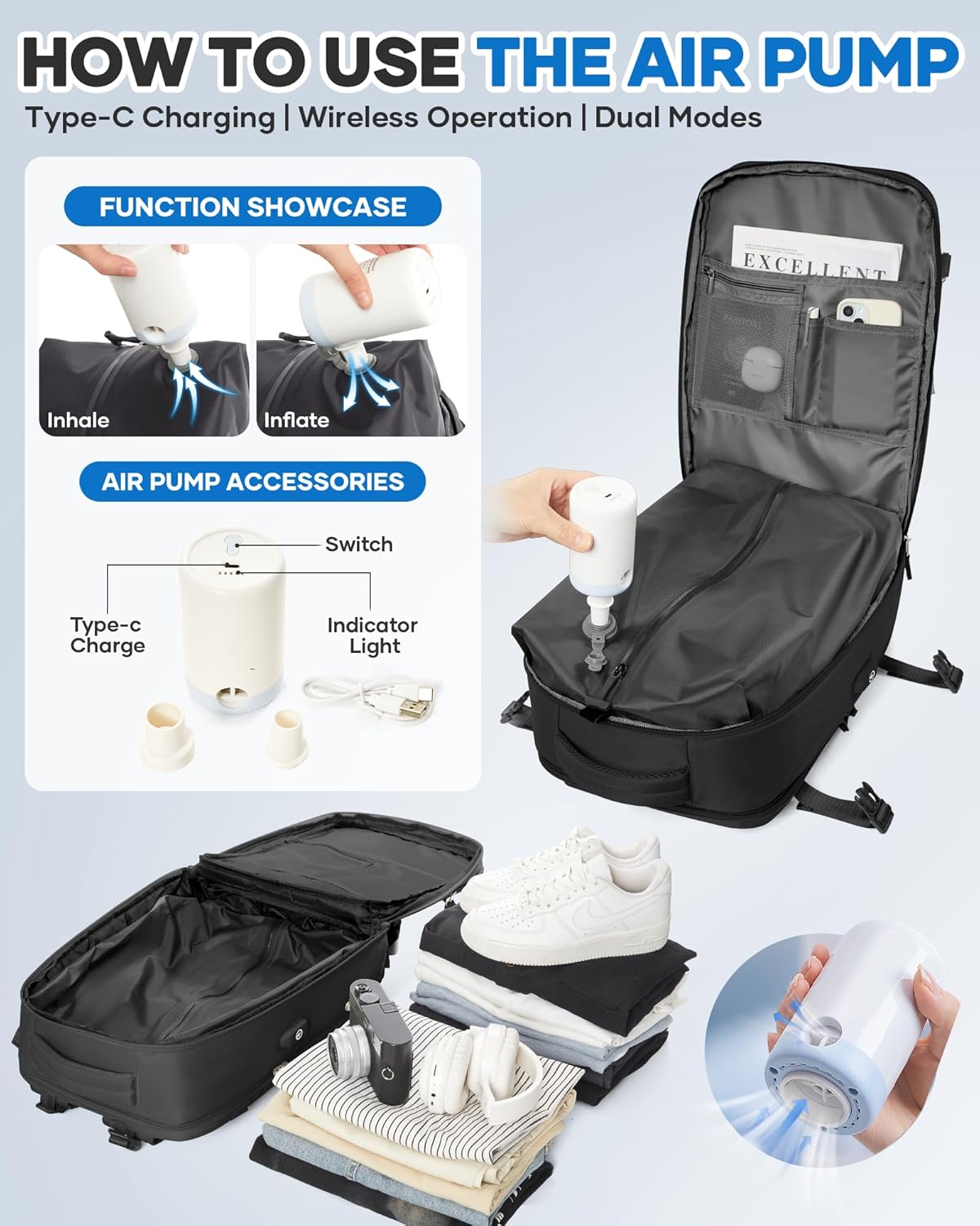 Vacuum Seal Travel Backpack with Air Pump,Compression Vacpack Waterproof Carry On Backpack for Travel Women men with Vacuum System,Airlines Approved Daypack Laptop Space Saver Bags,Black
