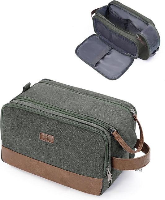 WANDF Toiletry Bag for Men Travel Toiletry Organizer Canvas and Leather Dopp Kit Water-Resistant Shaving Bag for Travel Accessories (Green, Medium)